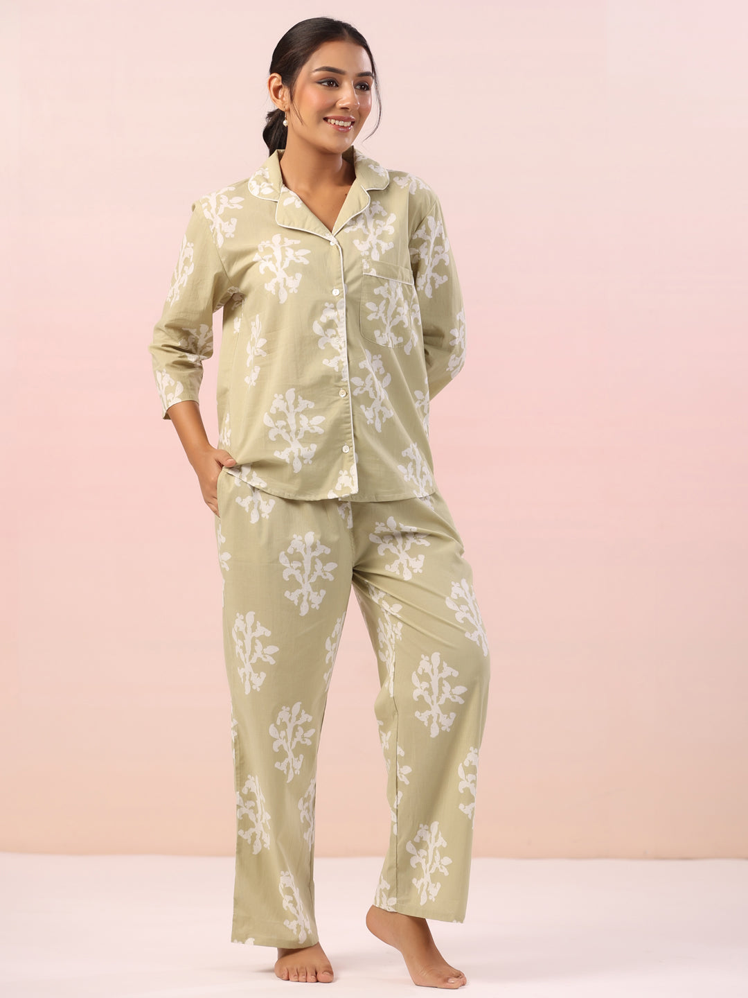 Floral Printed Collar Neck Night Suit