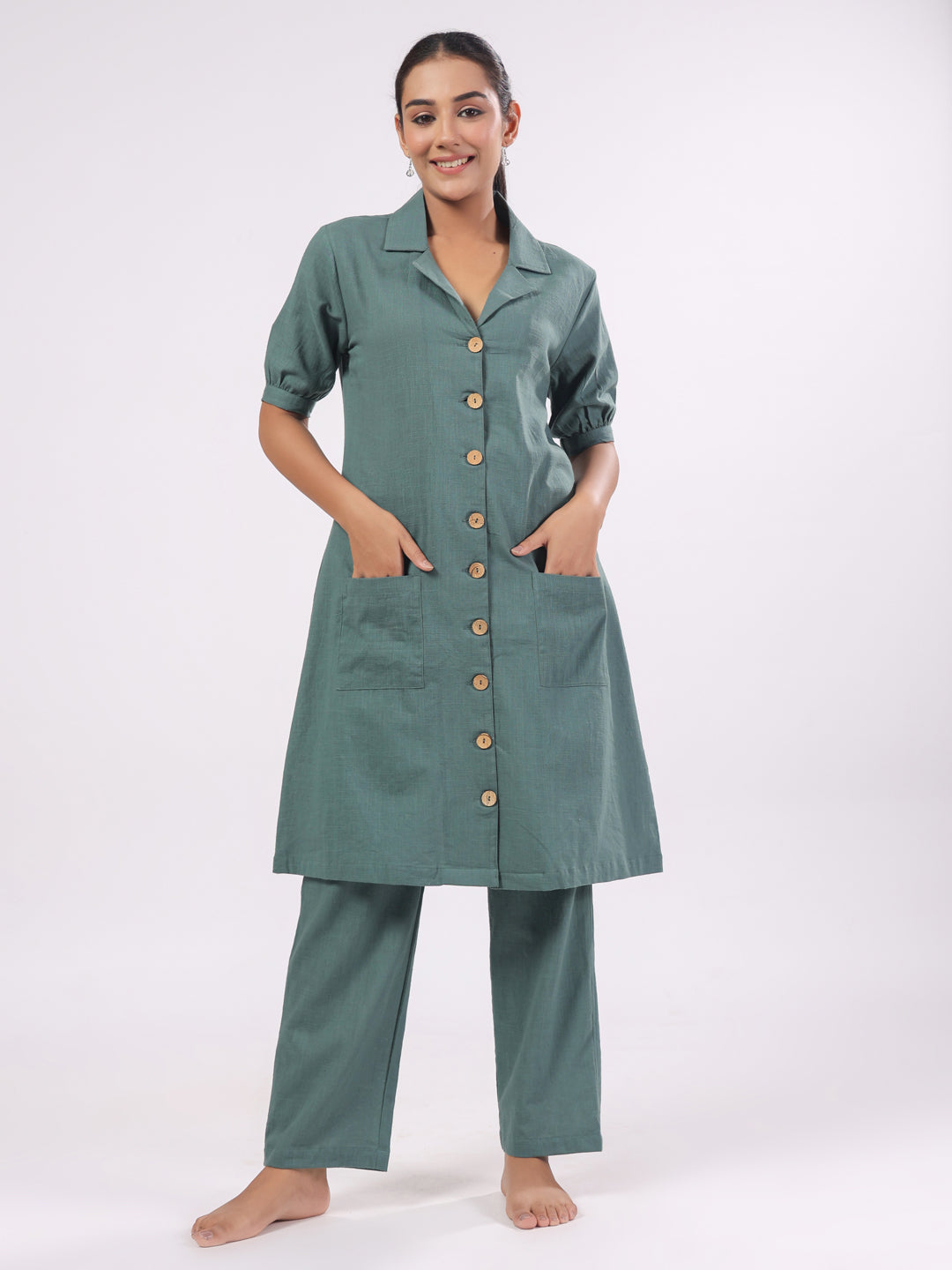 Women's Cotton Blend Dark Green Solid Print Night suits