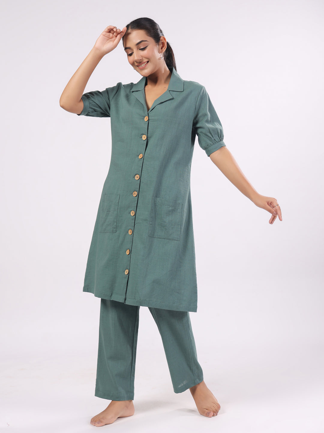 Women's Cotton Blend Dark Green Solid Print Night suits