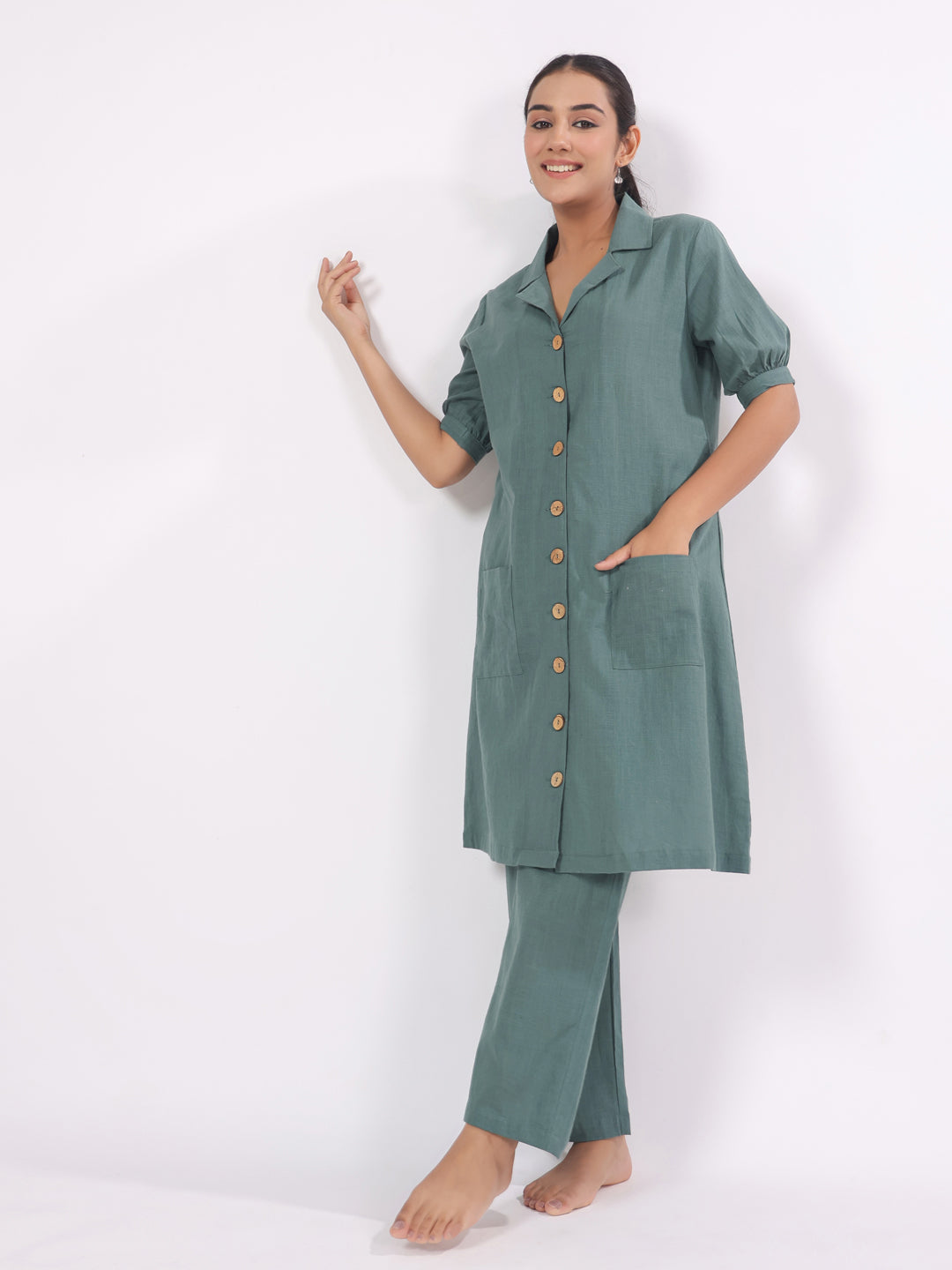 Women's Cotton Blend Dark Green Solid Print Night suits