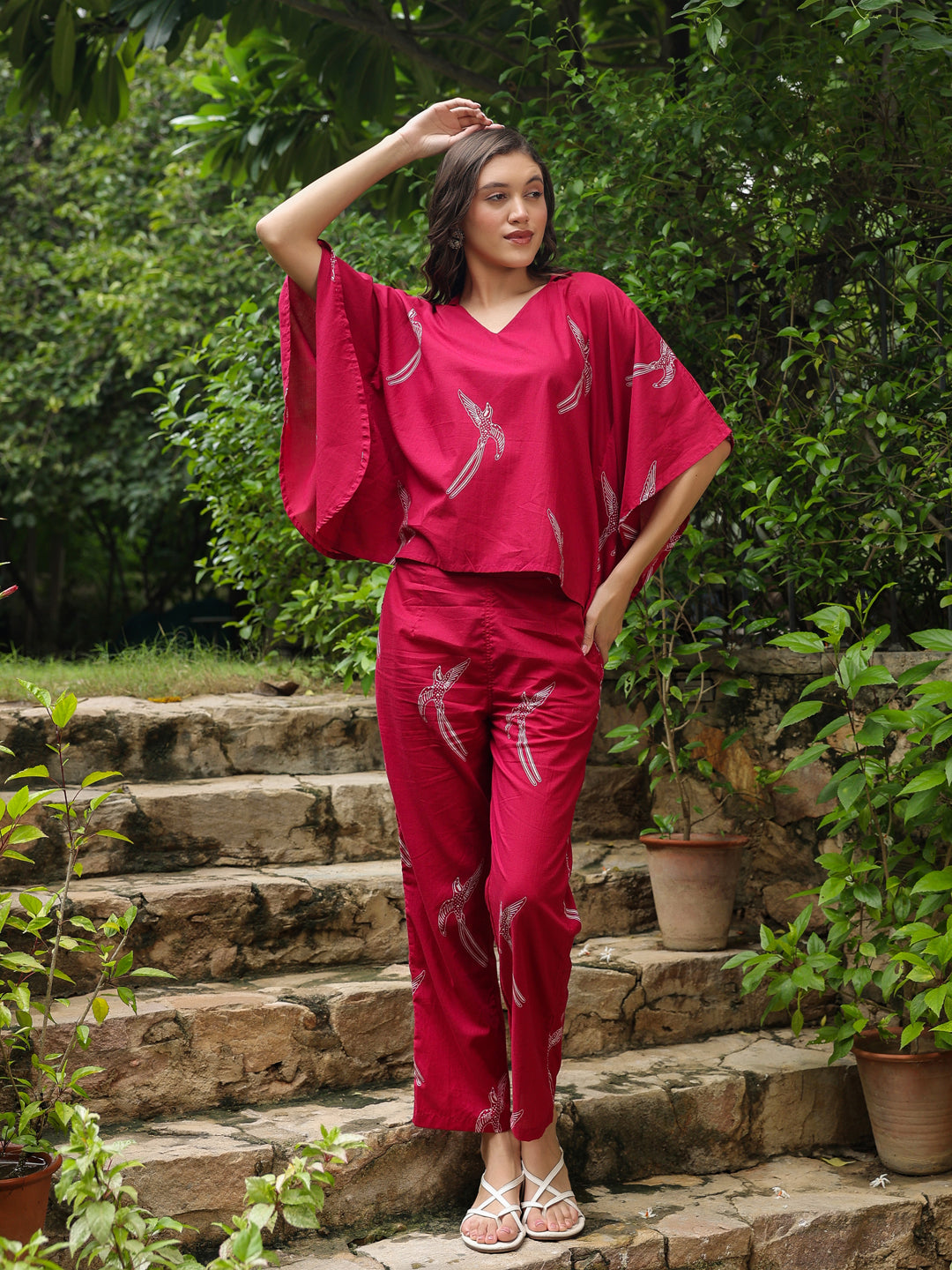 Pink Printed Cotton Night Suit Set