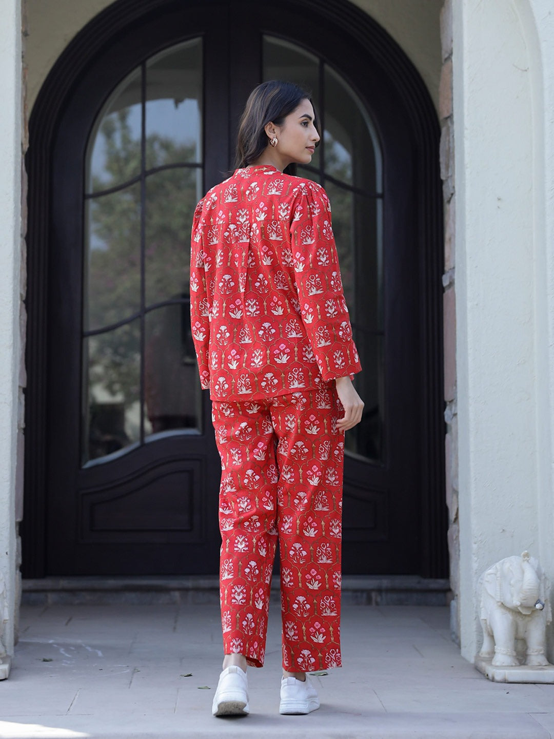 Carmine red Cotton Night Suit Set