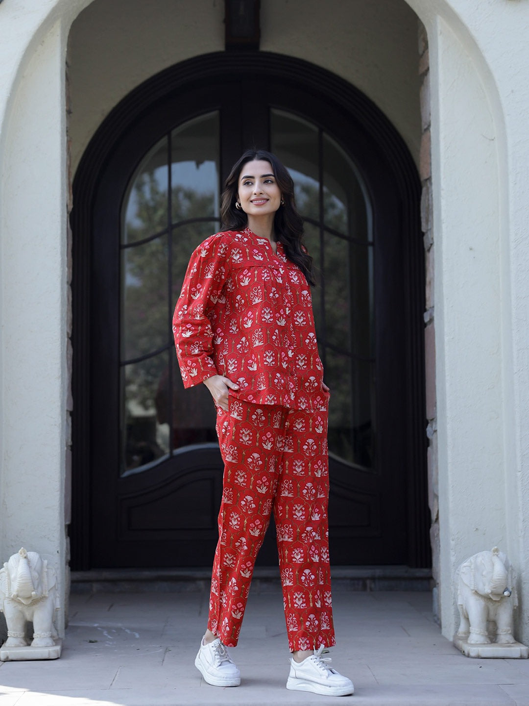 Carmine red Cotton Night Suit Set