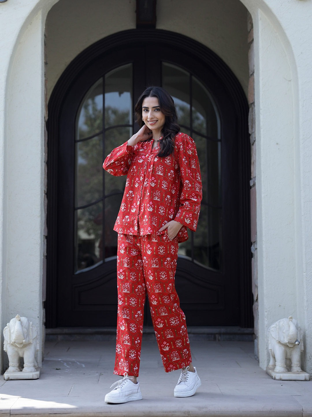 Carmine red Cotton Night Suit Set