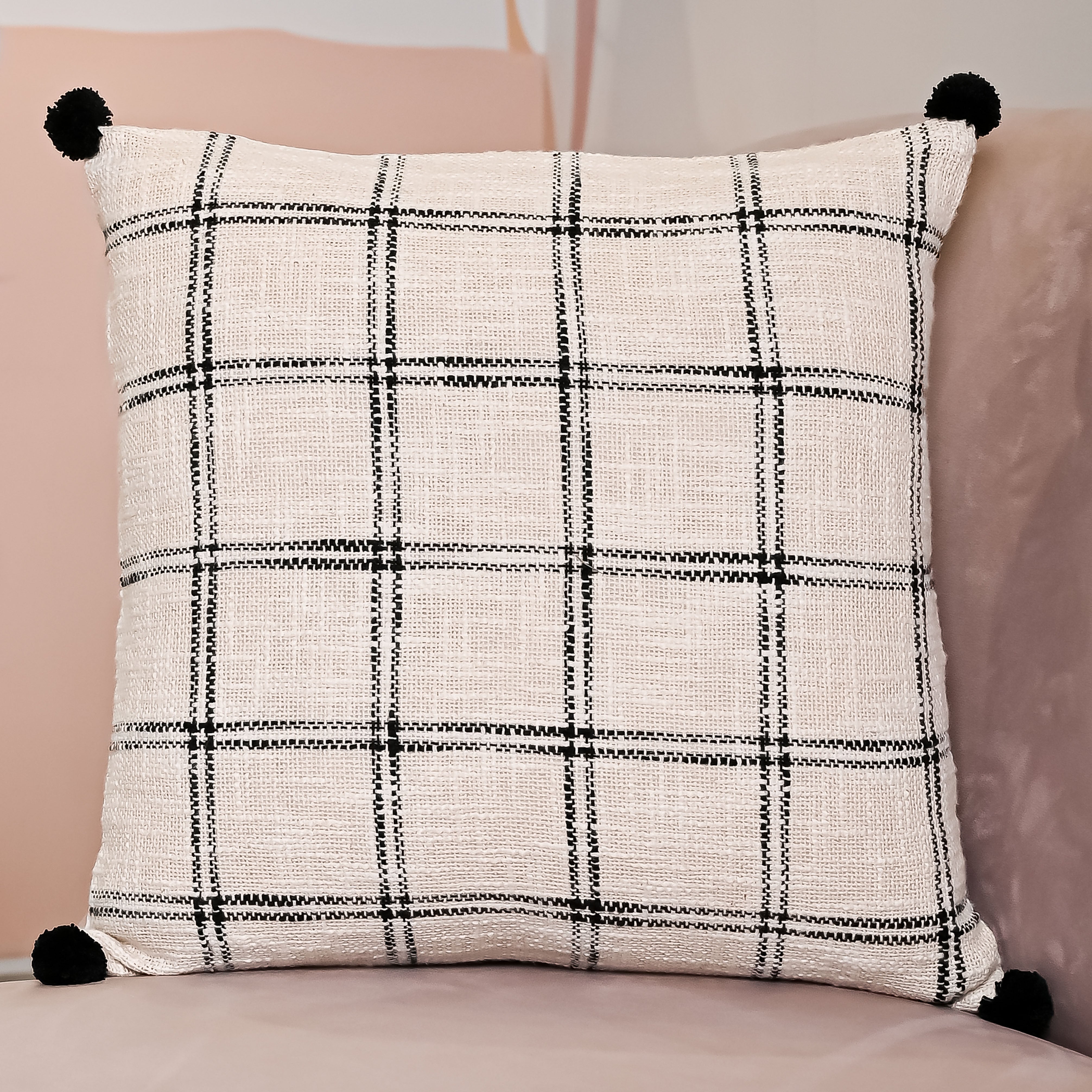 Handloom Pure Cotton Cushion Cover with pompom