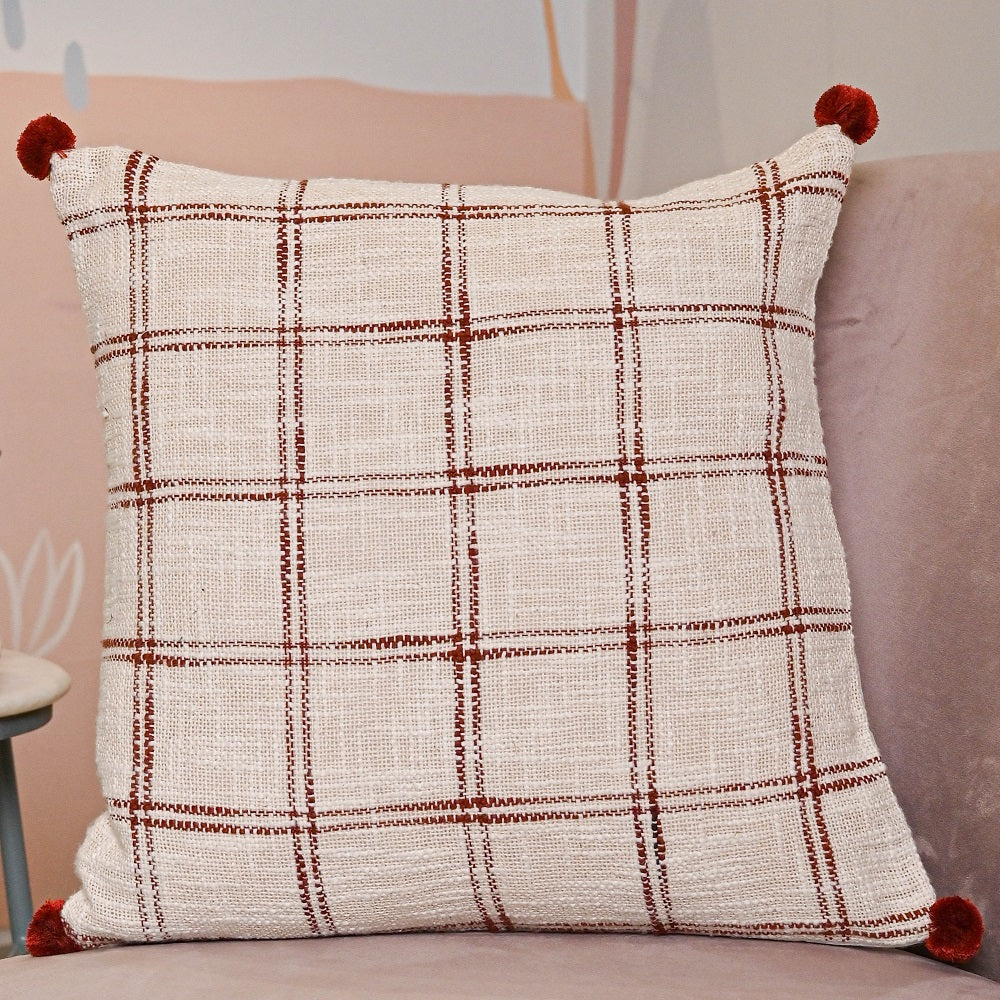 Handloom Pure Cotton Cushion Cover with pompom