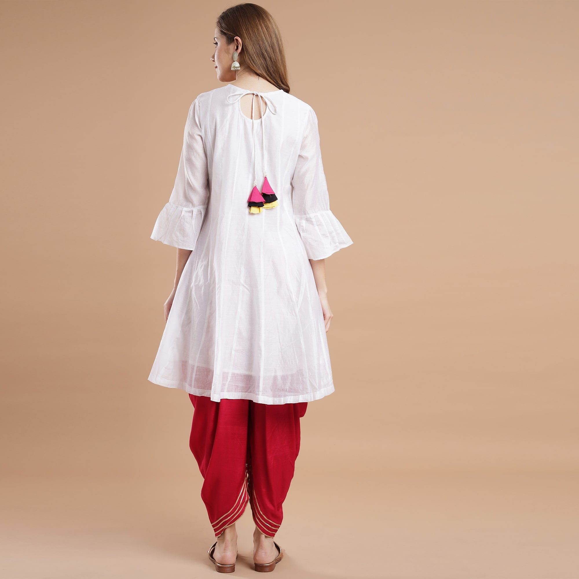 Rang Deep Red White Viscose Set of Kurti With Dhoti Pant