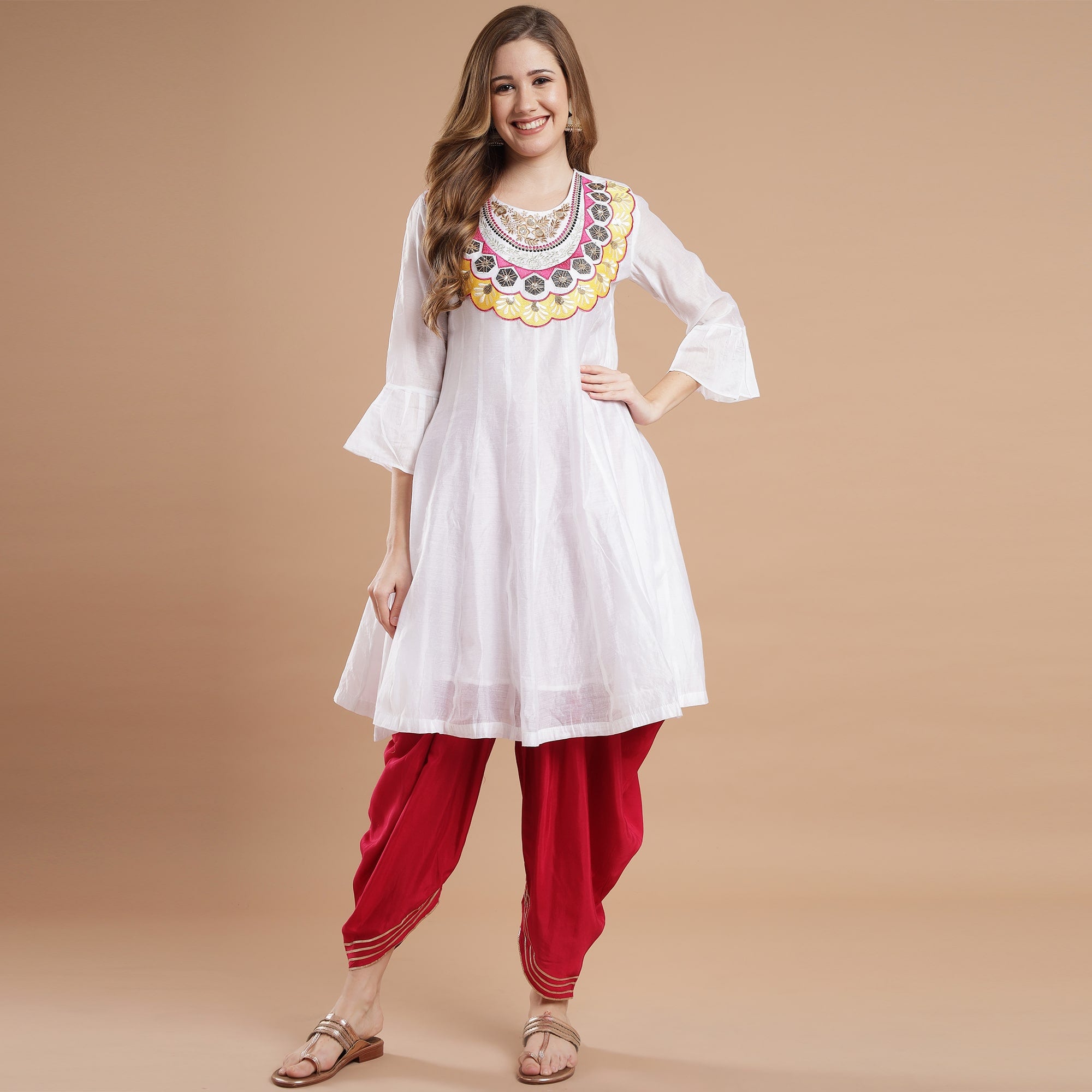 Rang Deep Red White Viscose Set of Kurti With Dhoti Pant