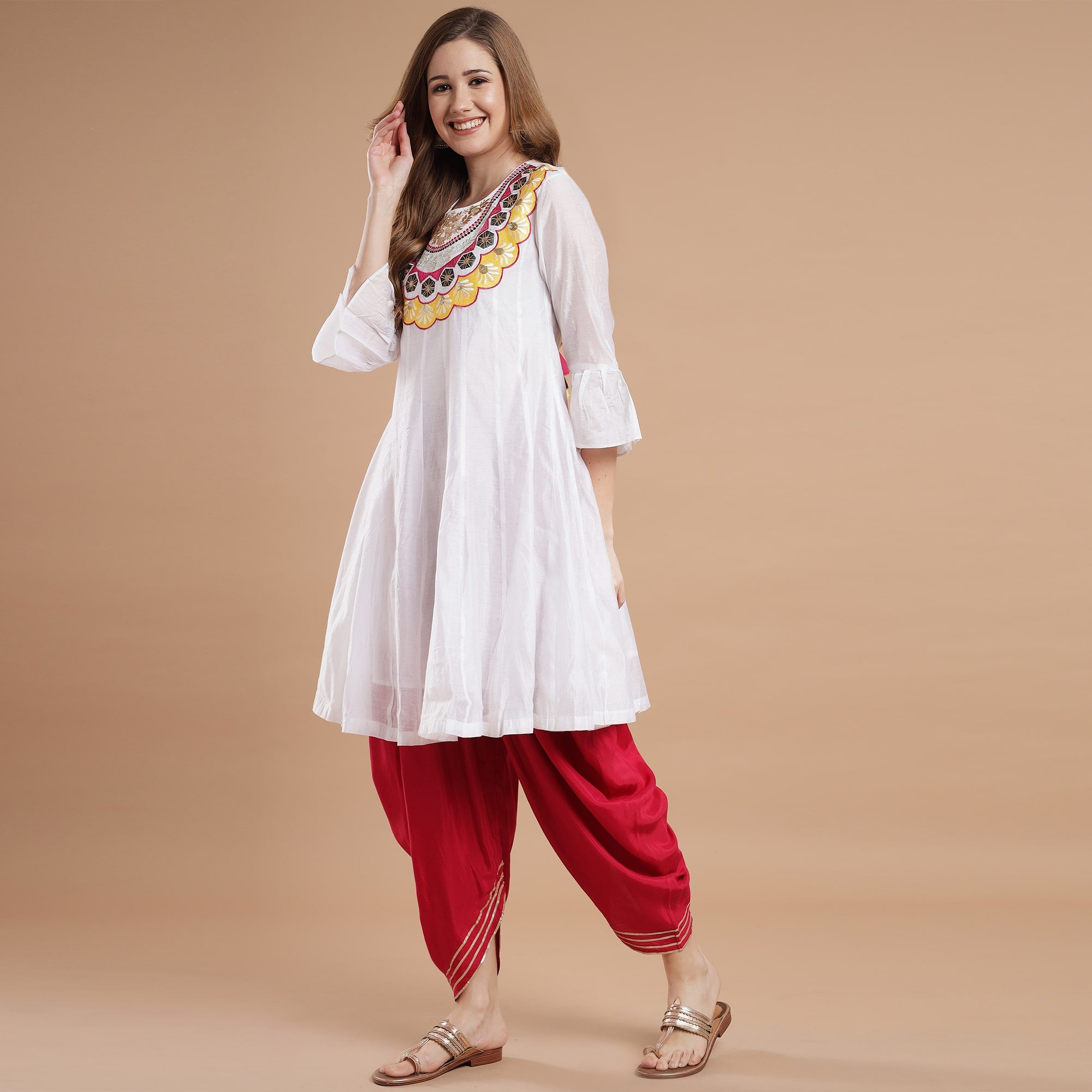 Rang Deep Red White Viscose Set of Kurti With Dhoti Pant