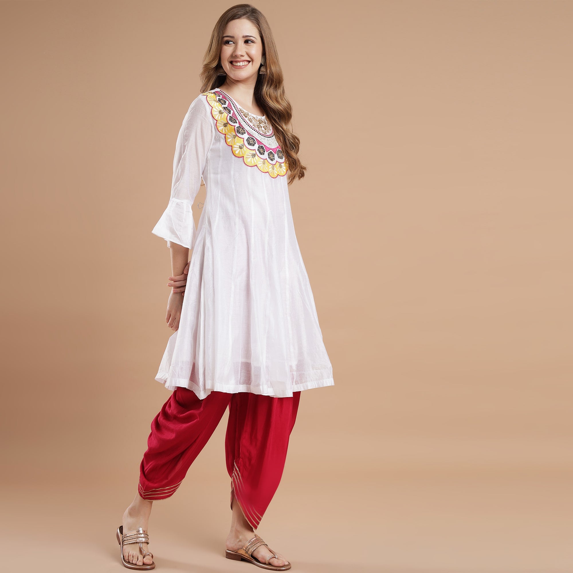 Rang Deep Red White Viscose Set of Kurti With Dhoti Pant