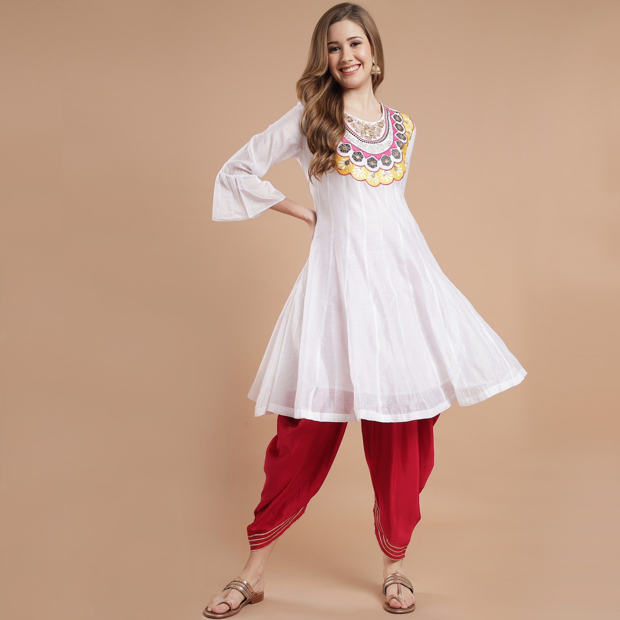 Rang Deep Red White Viscose Set of Kurti With Dhoti Pant