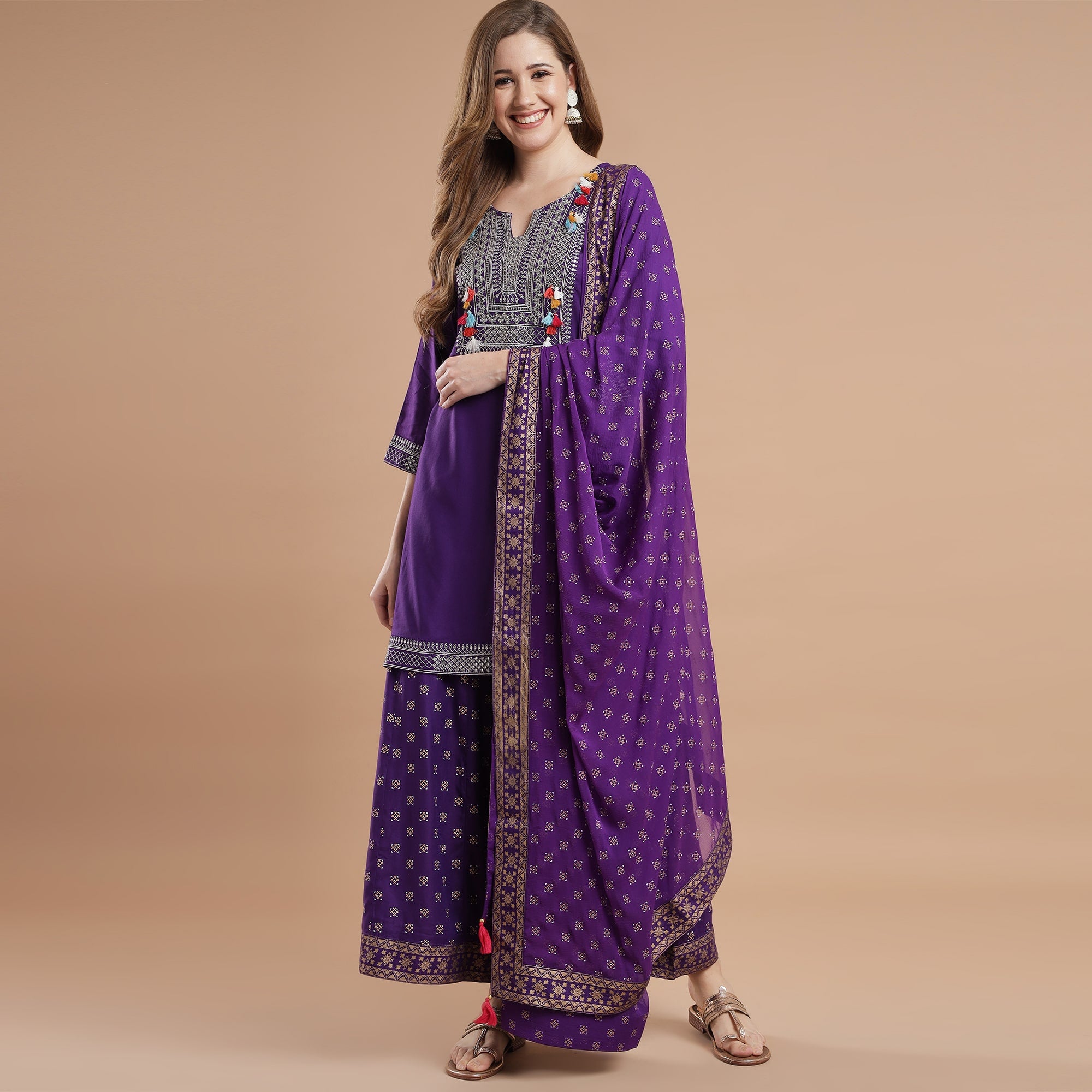 Rang Deep Purple Rayon Set of Kurti With  Palazzo & Dupatta