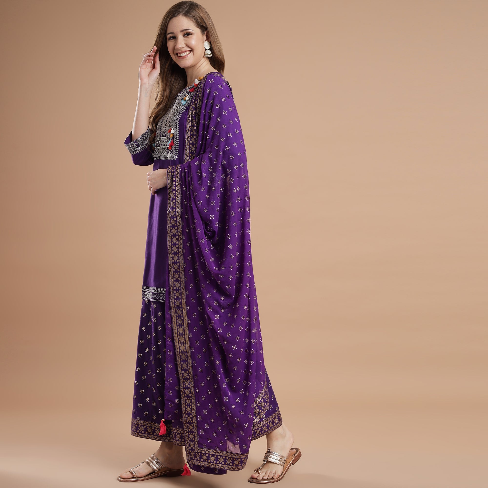 Rang Deep Purple Rayon Set of Kurti With  Palazzo & Dupatta