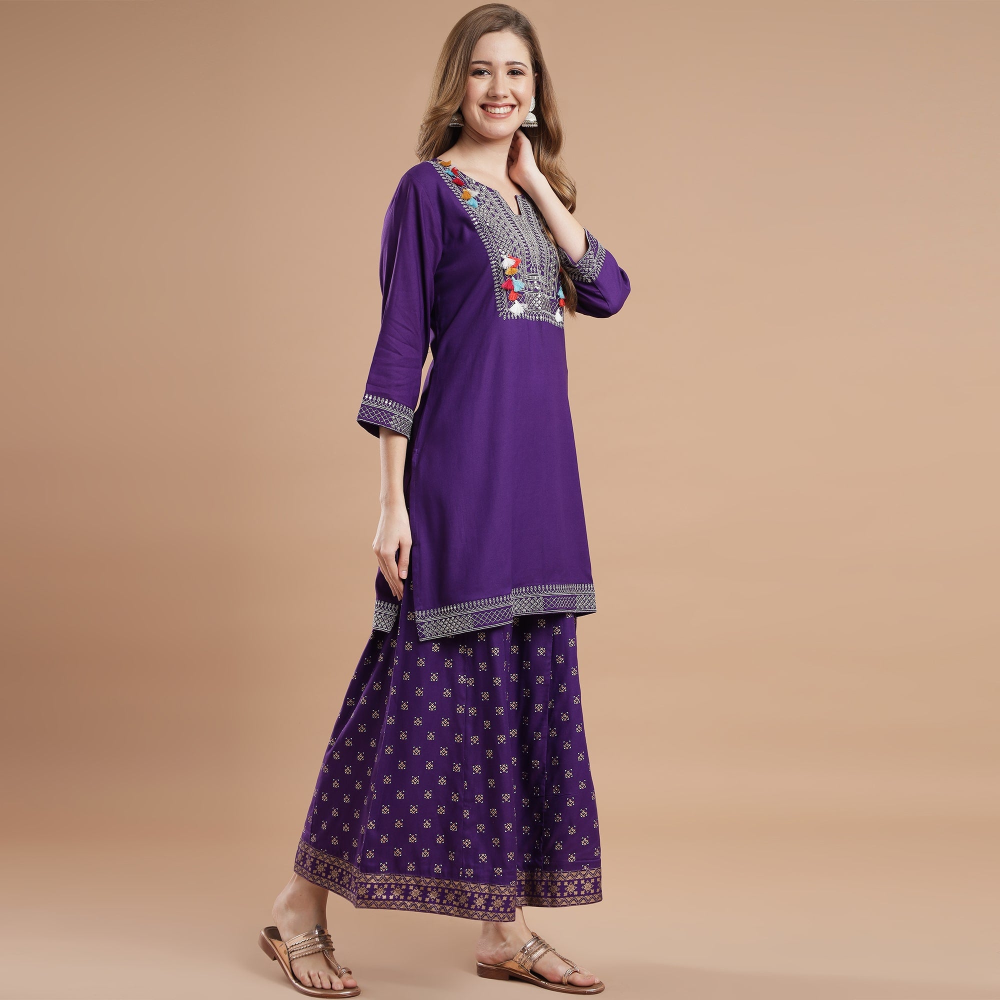 Rang Deep Purple Rayon Set of Kurti With  Palazzo & Dupatta