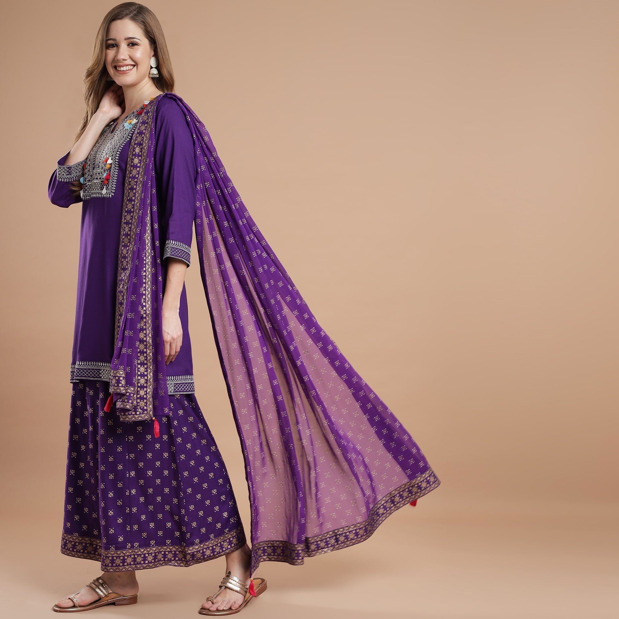 Rang Deep Purple Rayon Set of Kurti With  Palazzo & Dupatta