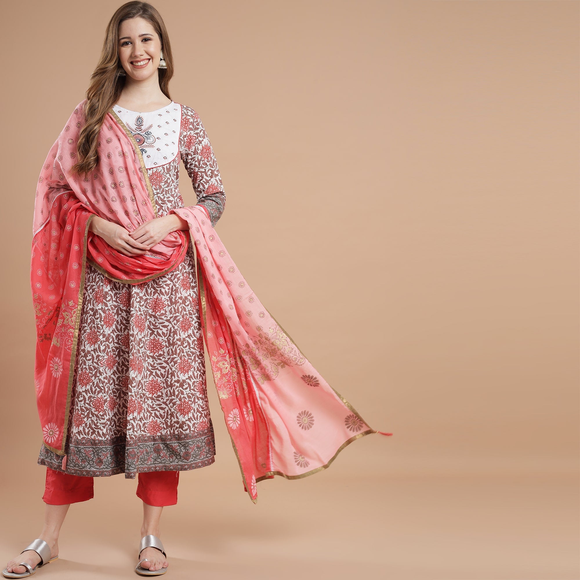 Rang Deep Printed Anarkali  Set of Kurti With  Palazzo & Dupatta