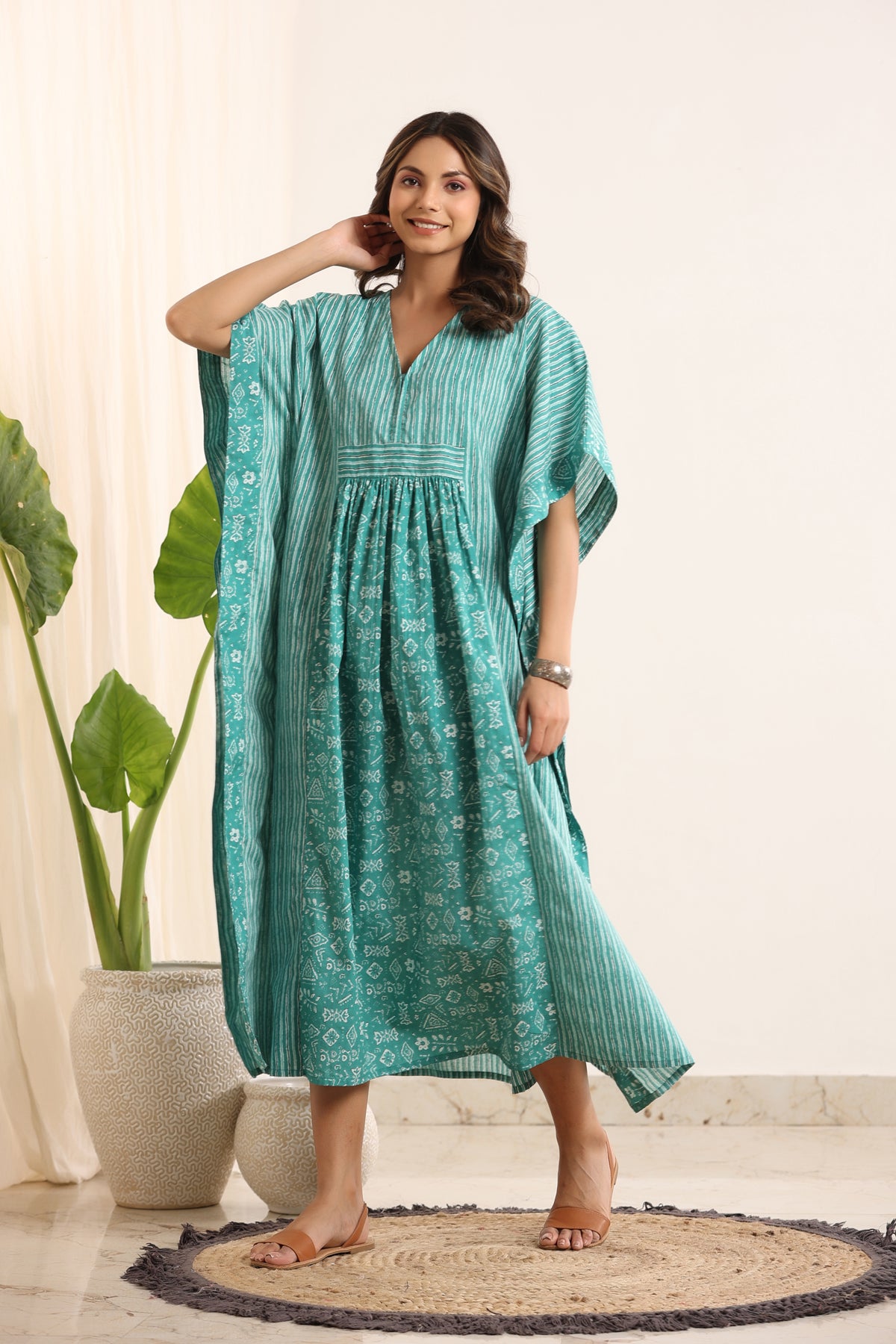 Sea Green Striped Maxi Kaftan