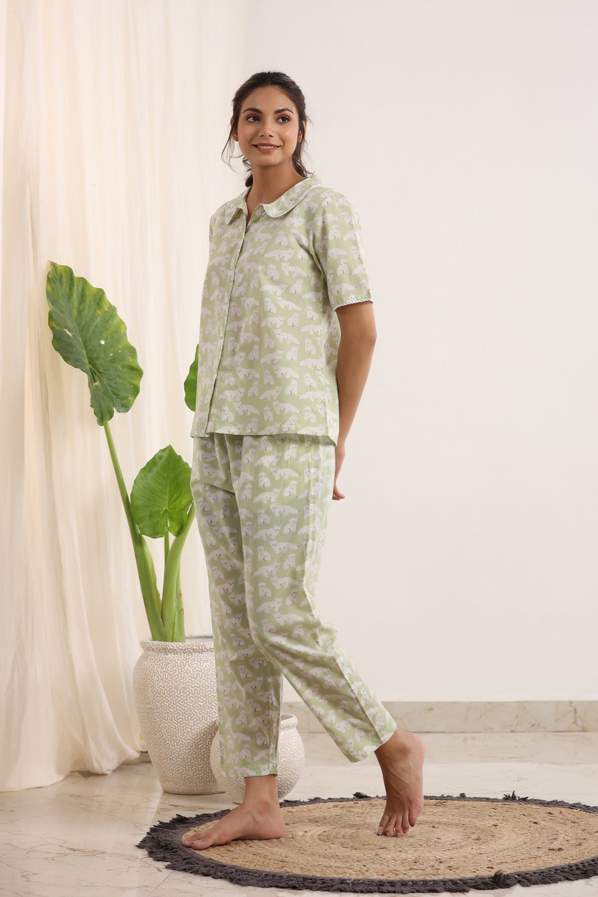 Light Green Printed peter pan collared Night suit set