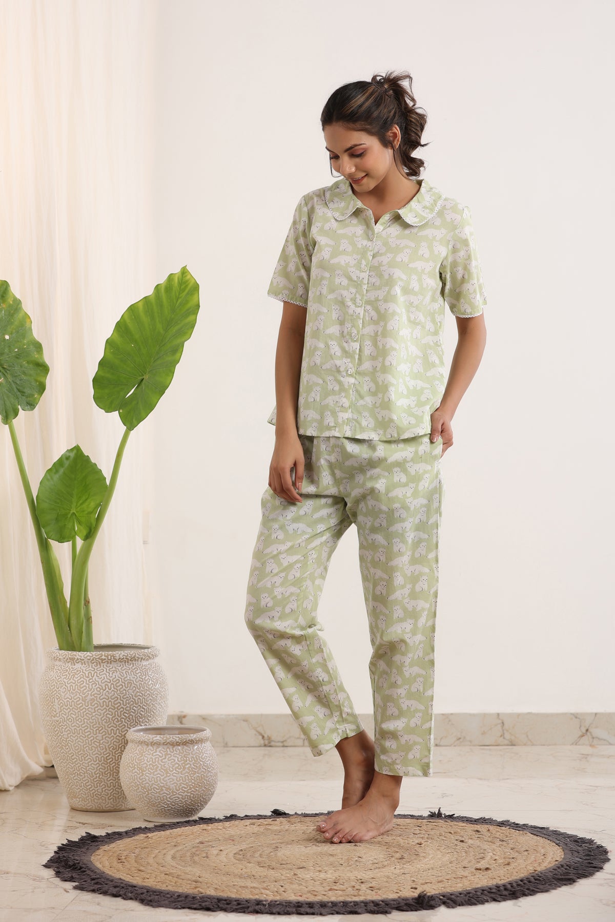 Light Green Printed peter pan collared Night suit set