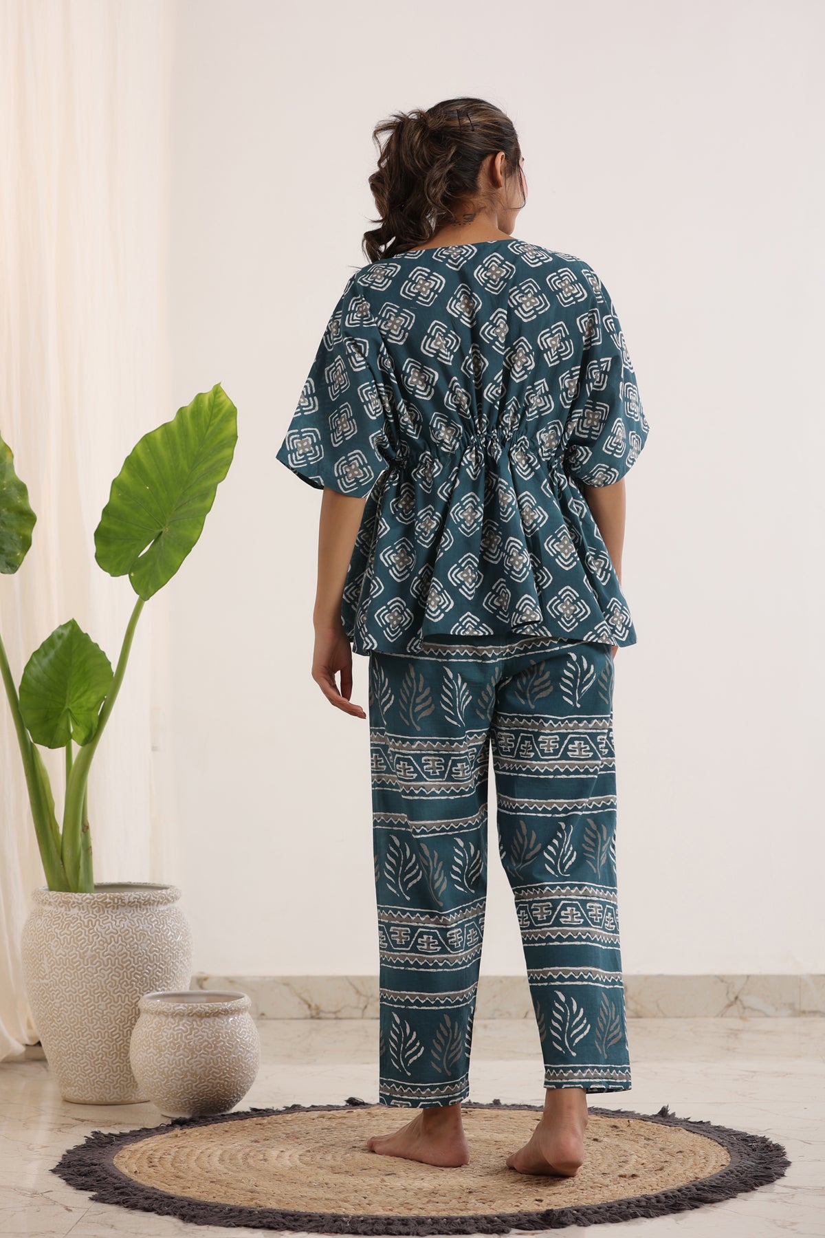 Teal & White Printed Kaftan Set