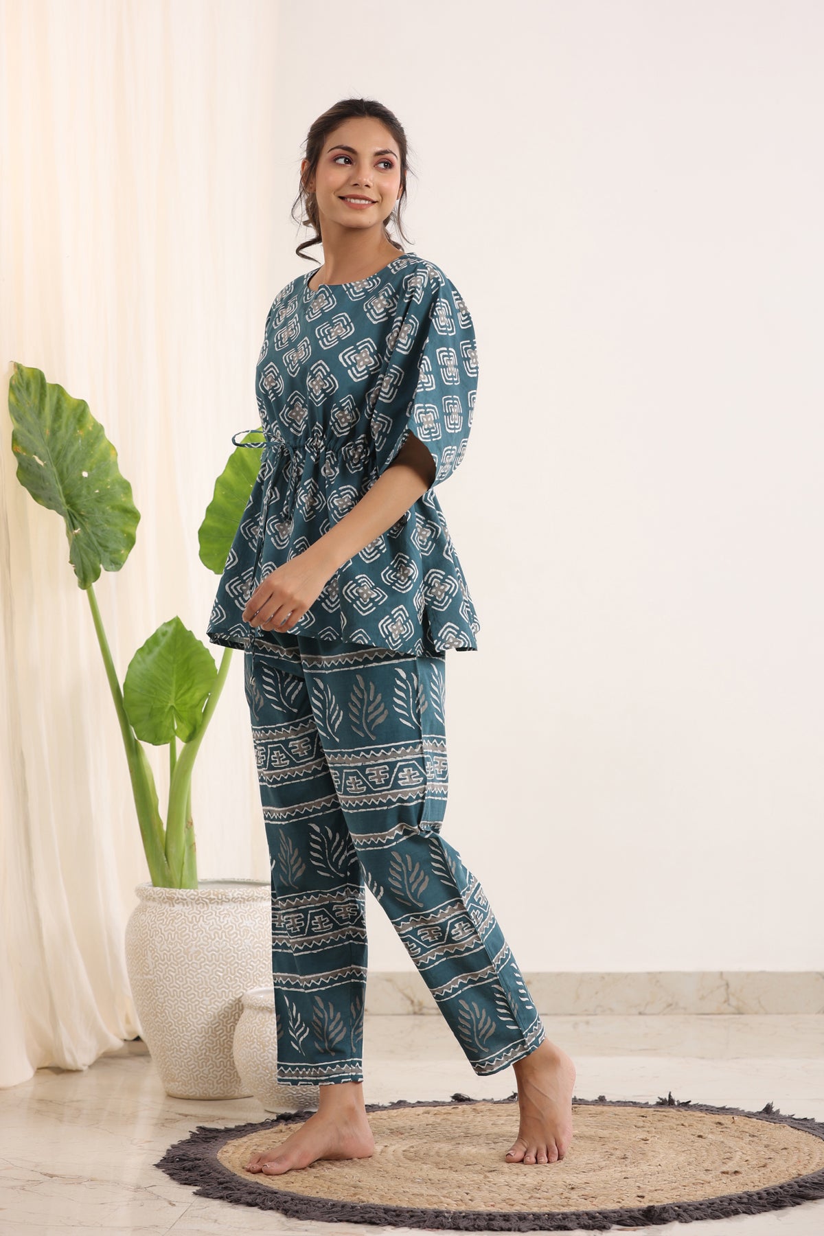 Teal & White Printed Kaftan Set