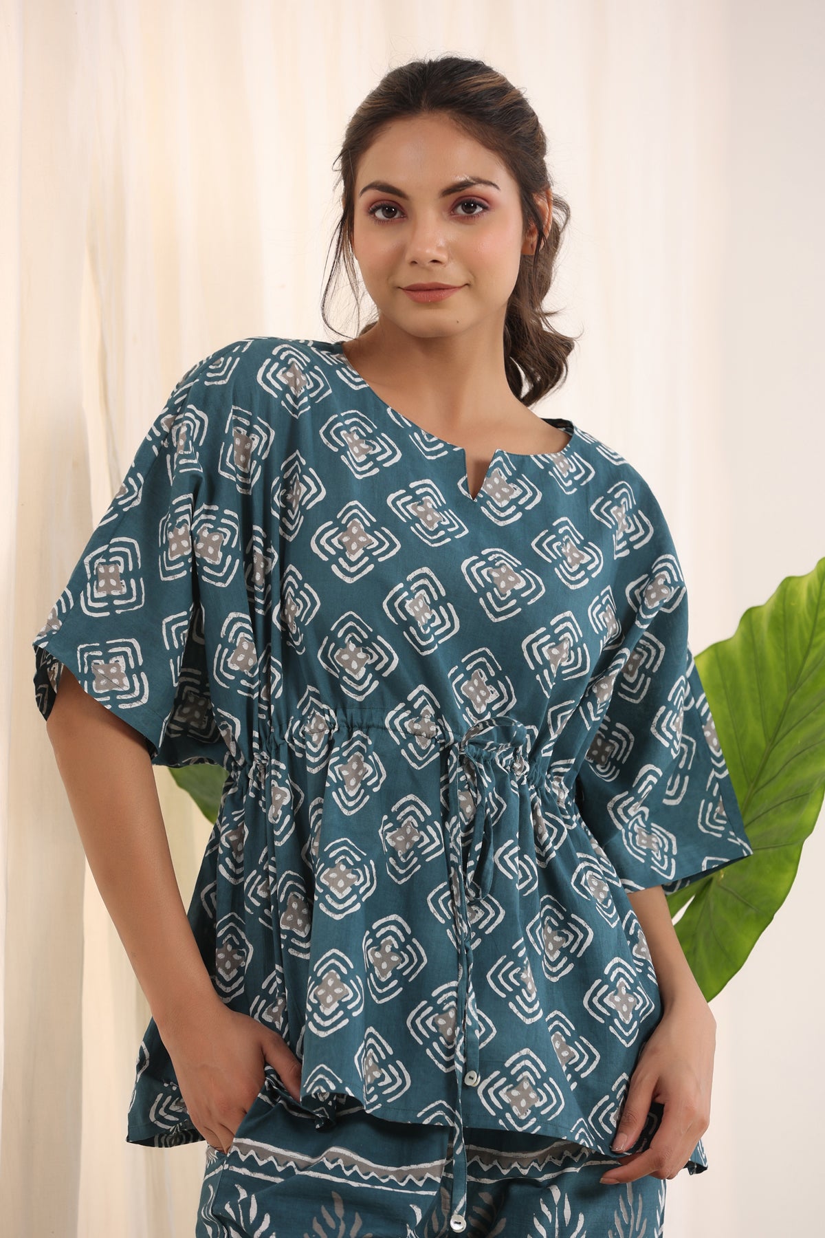 Teal & White Printed Kaftan Set