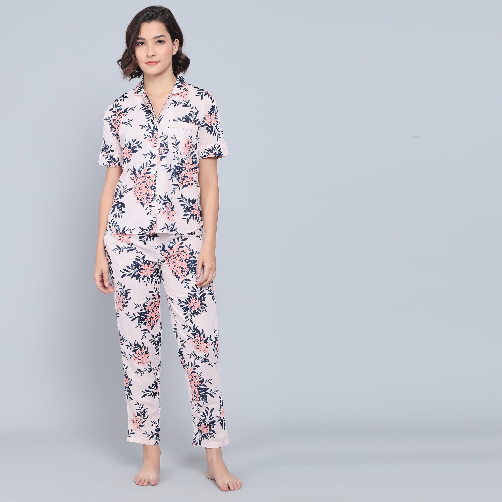 Pink Cotton Printed Night Suit Set with Pajama