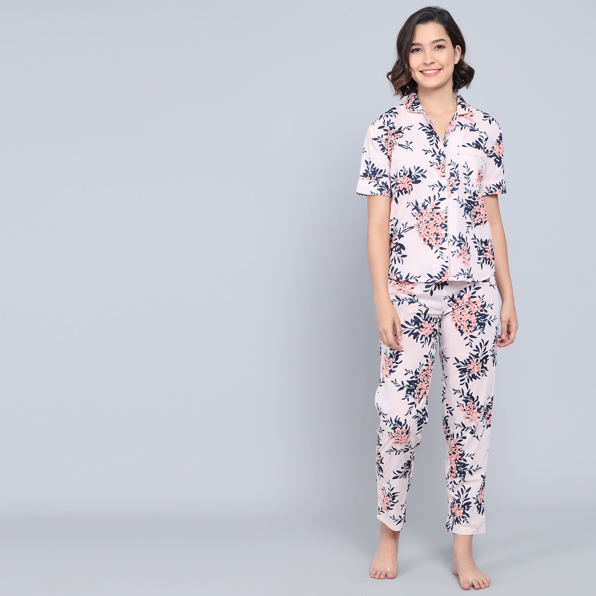 Pink Cotton Printed Night Suit Set with Pajama