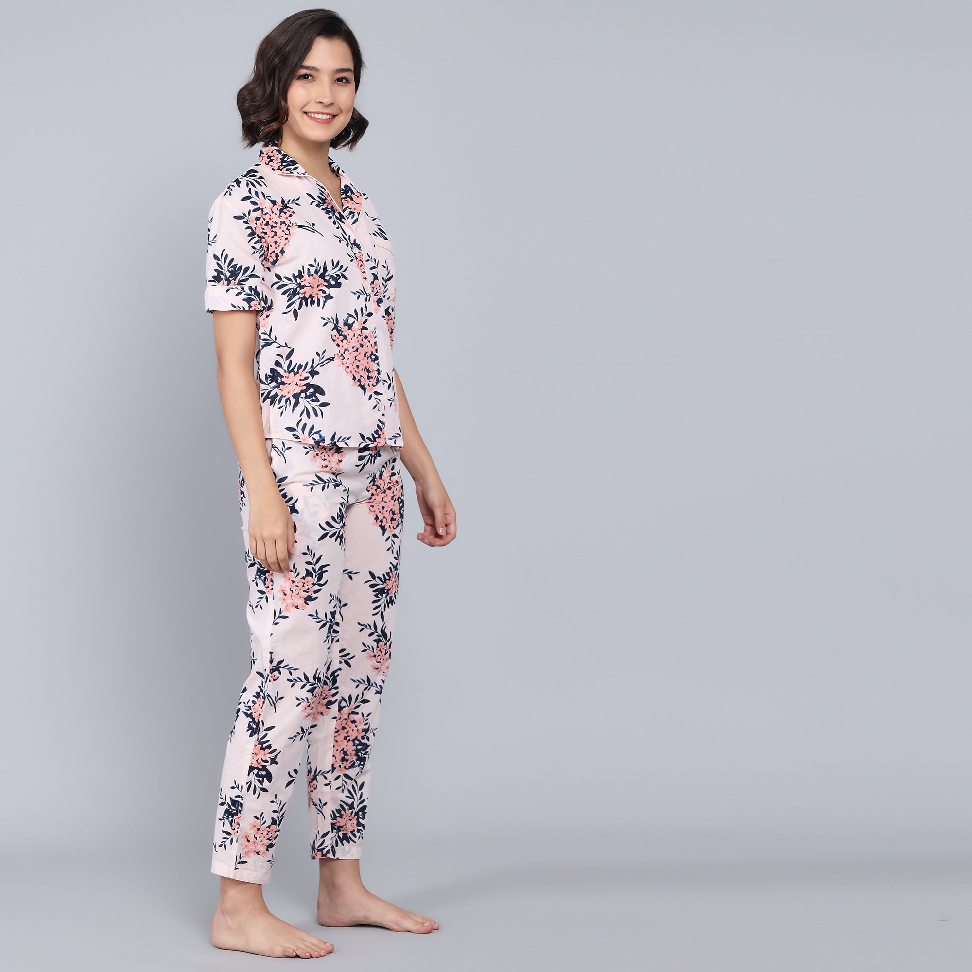 Pink Cotton Printed Night Suit Set with Pajama