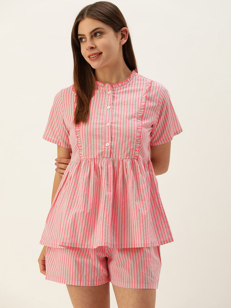 Ruffled Sleep Shorts - Pink and White Stripe