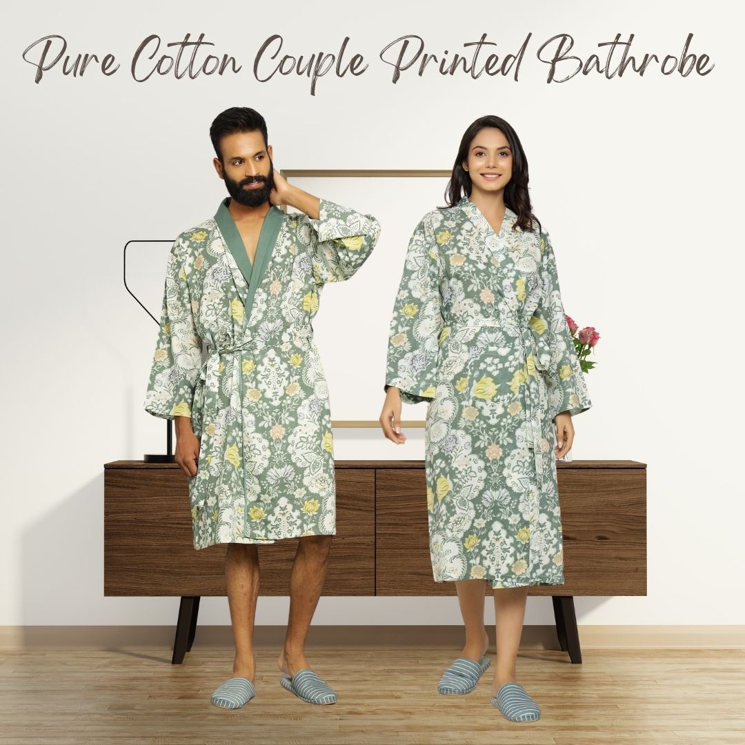 Green Cotton Hand printed Couple kimono robe