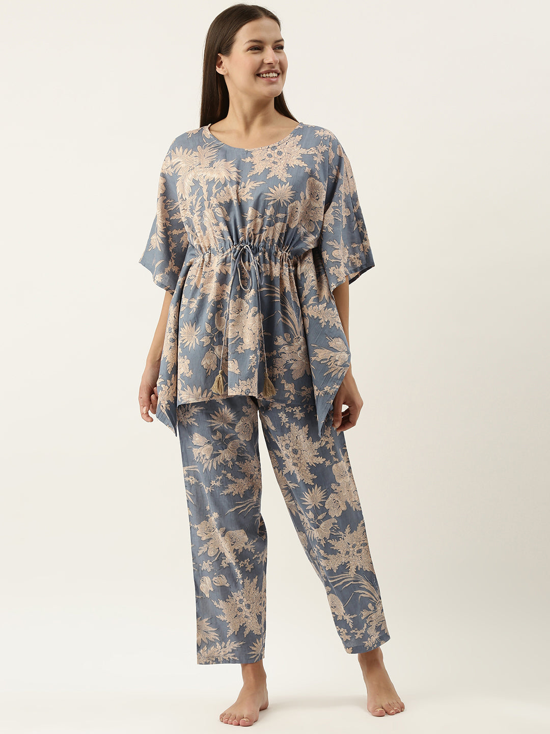 Powder Blue Cotton Printed Kaftan and Pajama Set