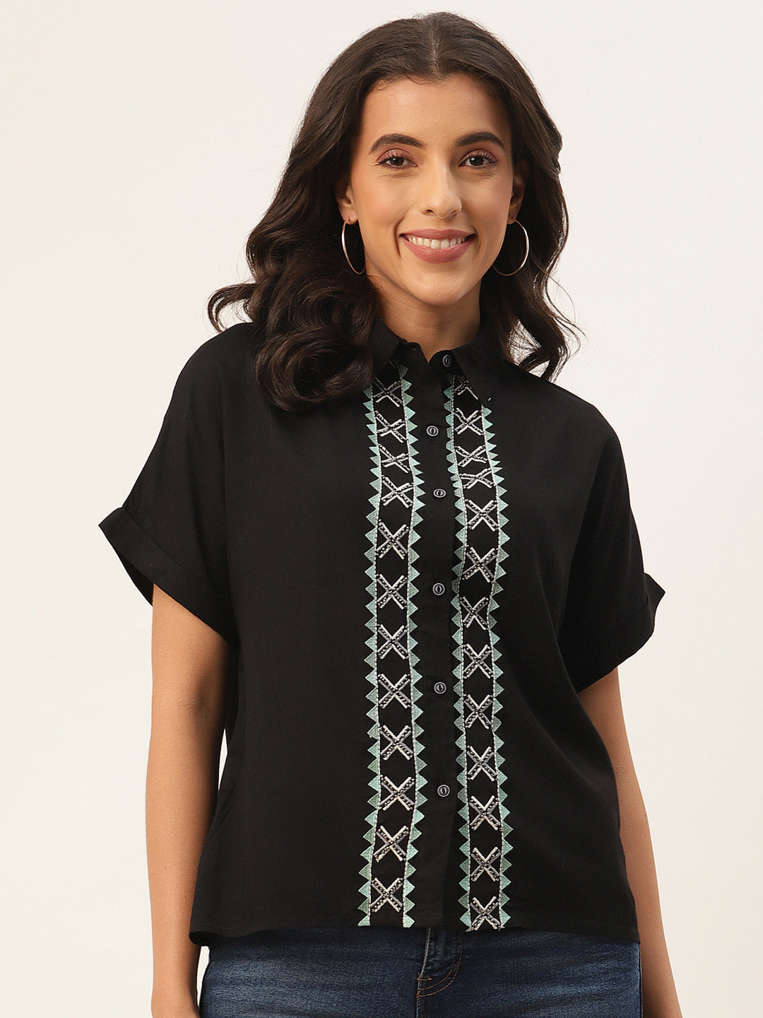 Black Geometric Embroidered Shirt Style Top