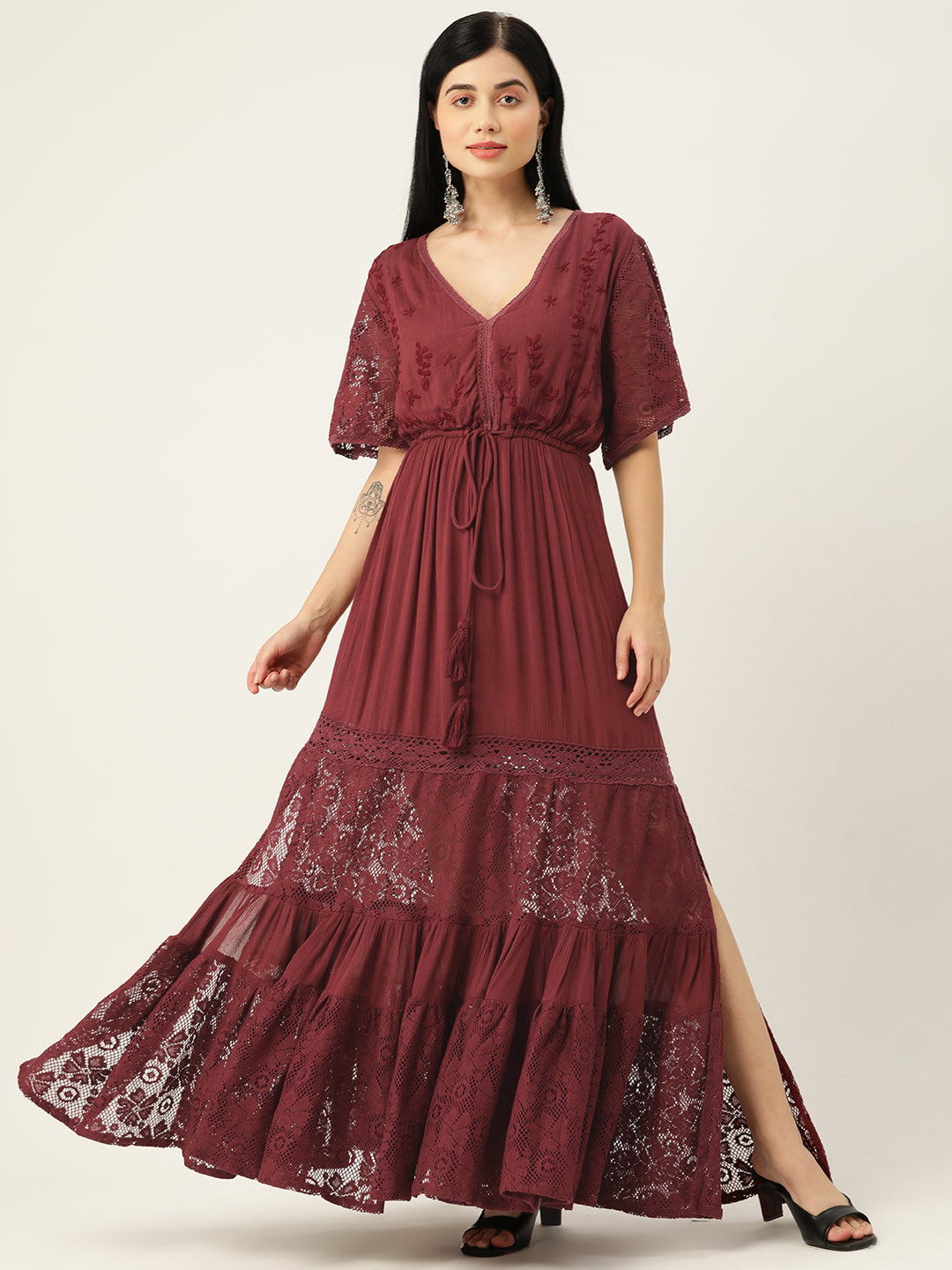 Maroon Fit & Flare Maxi Dress