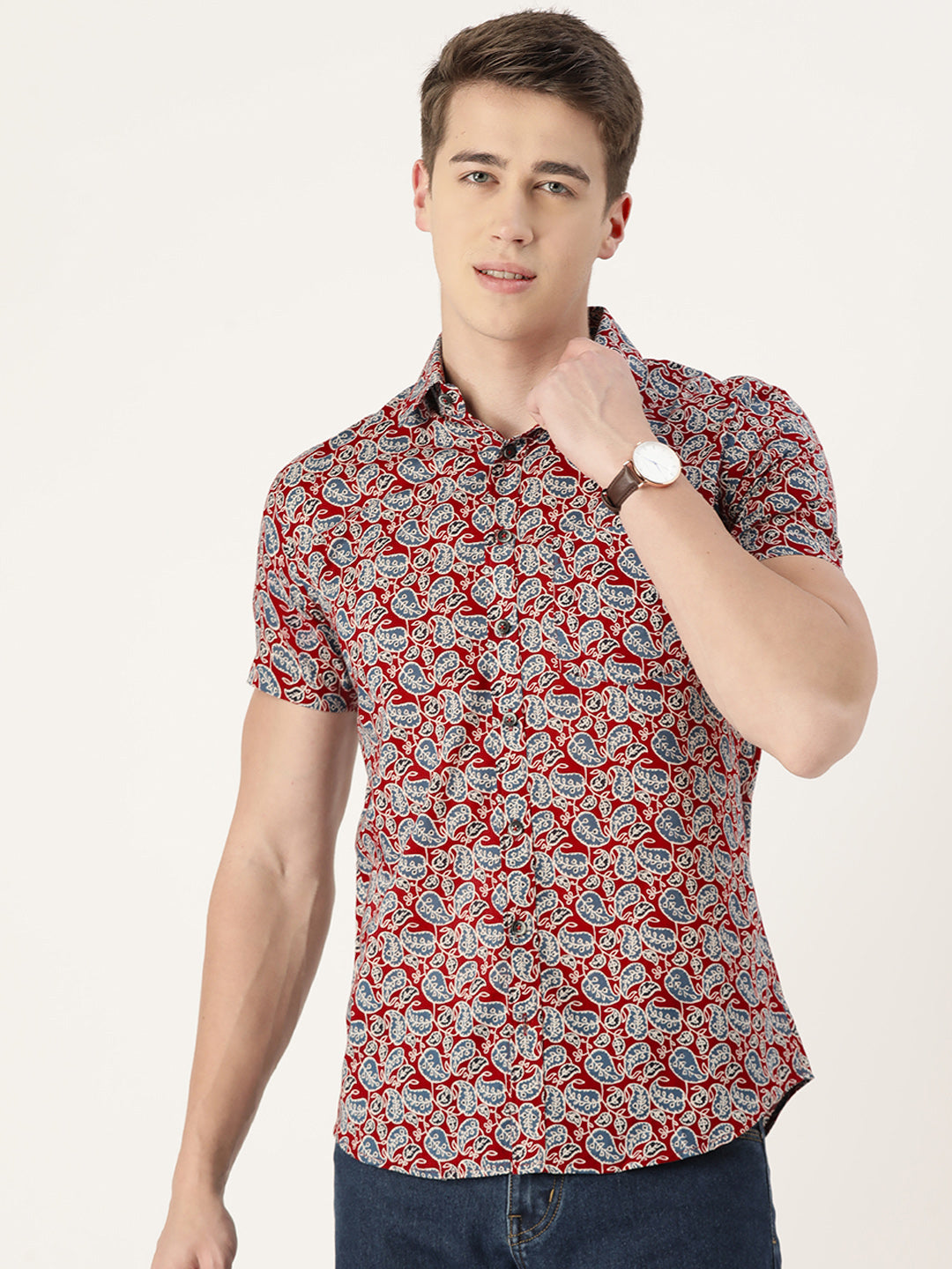 Red & Blue Cotton Printed Shirt