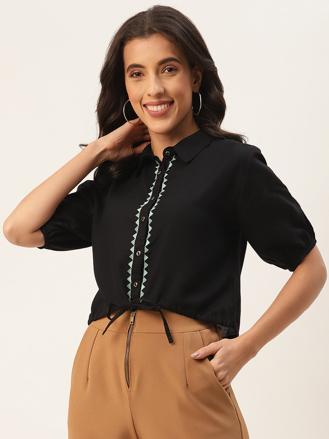 Black Geometric Embroidered Shirt Style Top