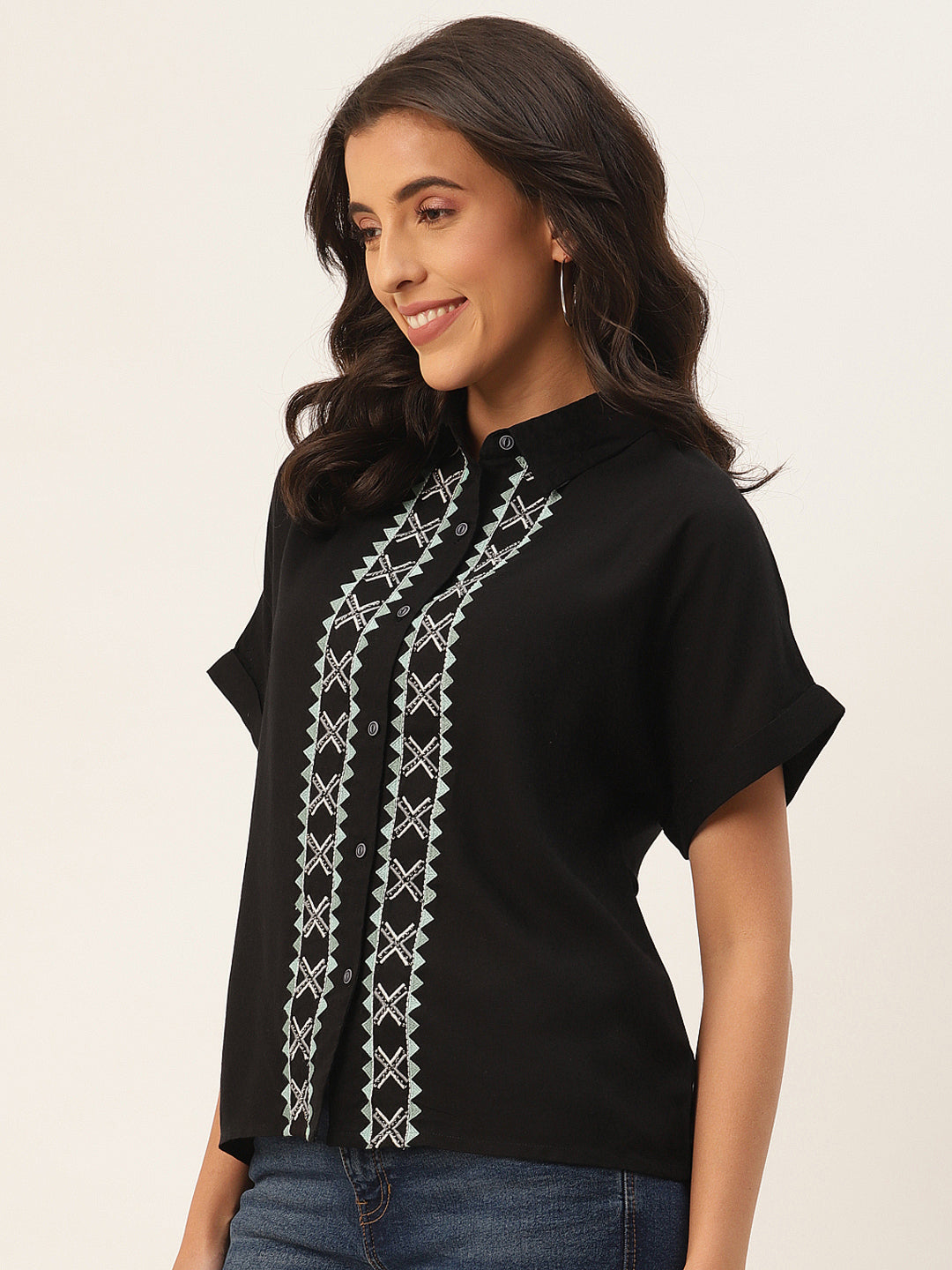 Black Geometric Embroidered Shirt Style Top