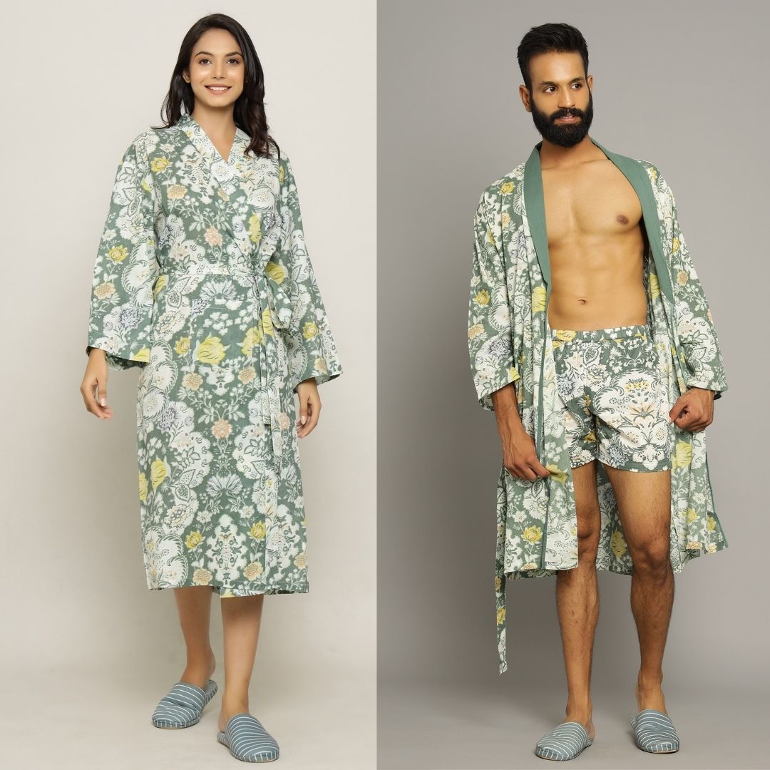 Green Cotton Hand printed Couple kimono robe