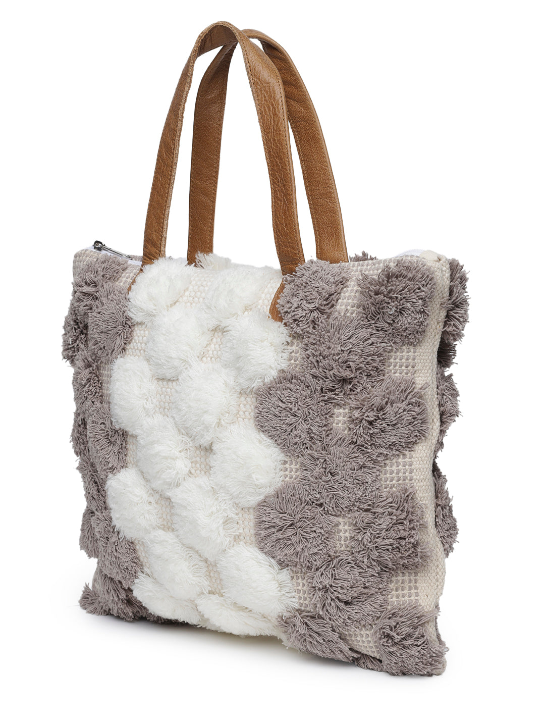 White Gray Hand Woven Tote Bag