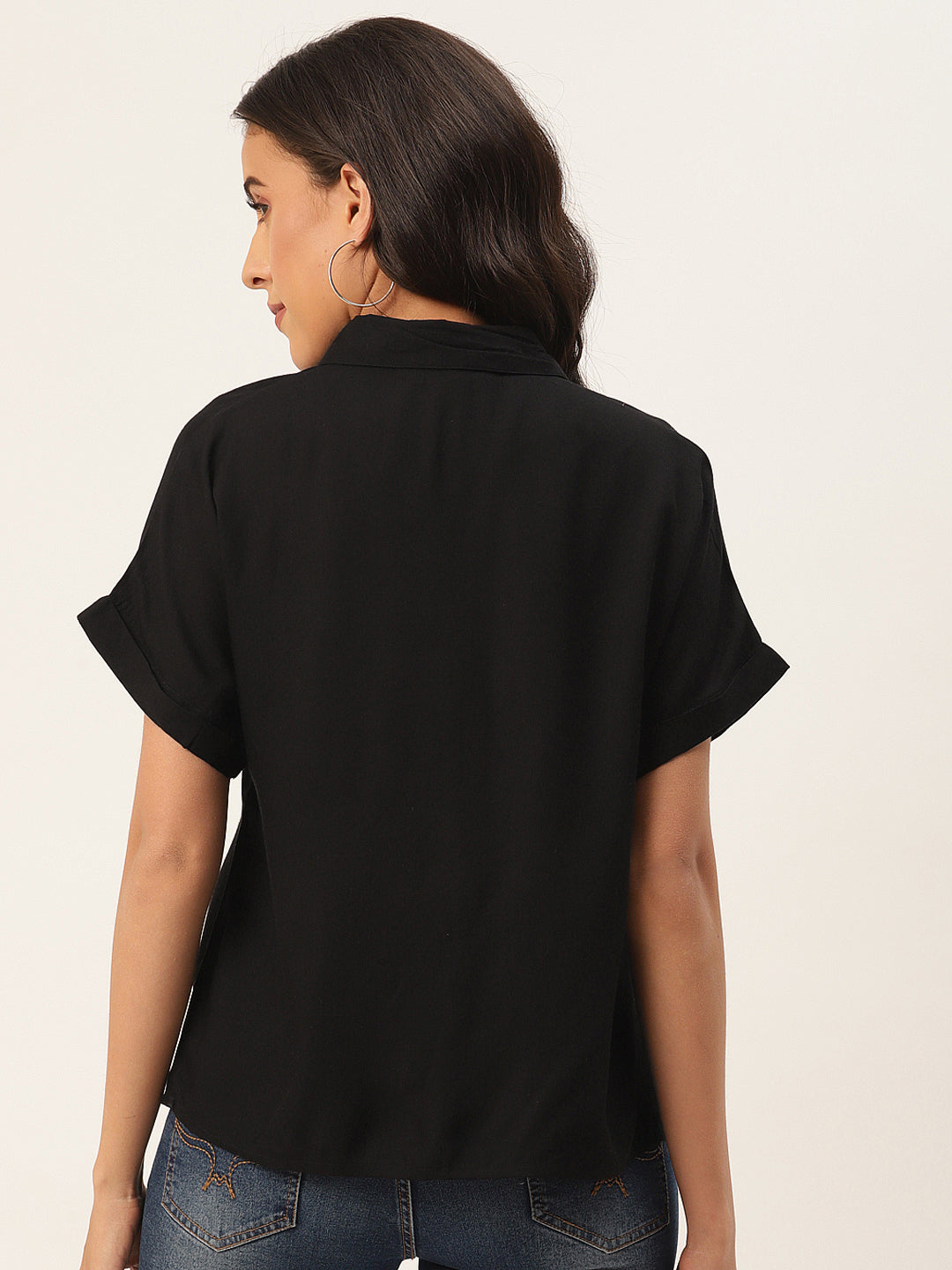 Black Geometric Embroidered Shirt Style Top