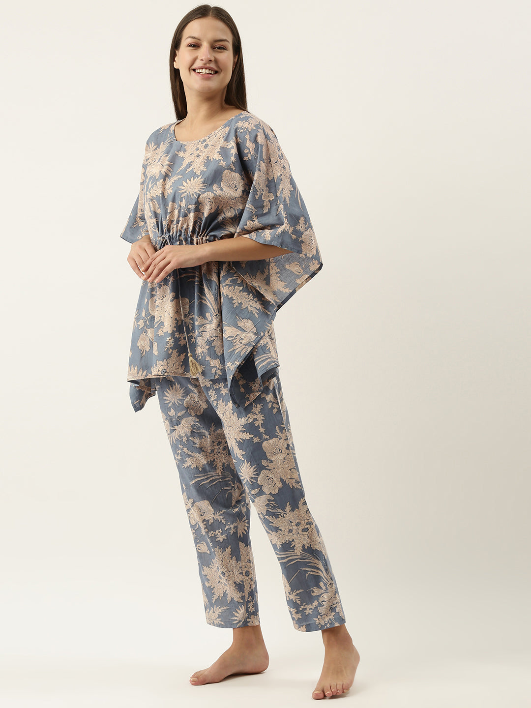 Powder Blue Cotton Printed Kaftan and Pajama Set