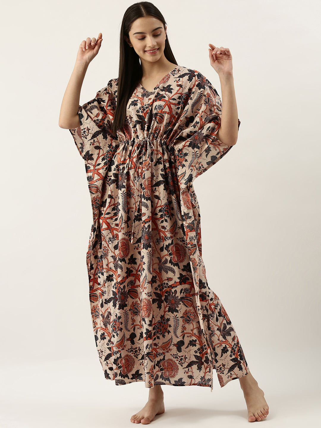 Cream Cotton Printed Kaftan Maxi Dress