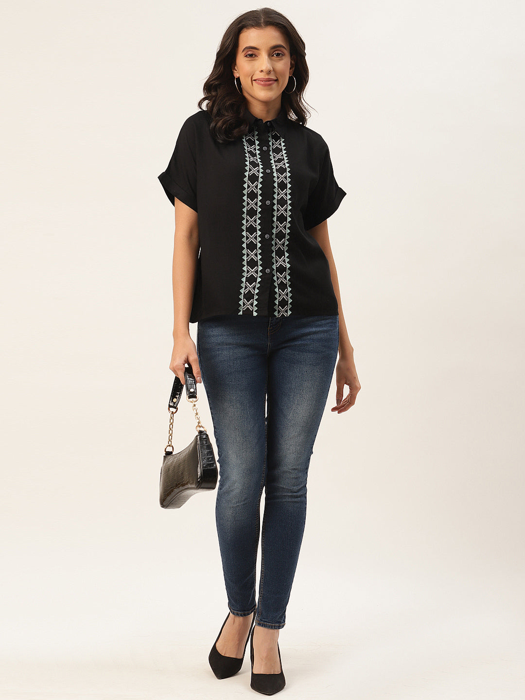 Black Geometric Embroidered Shirt Style Top