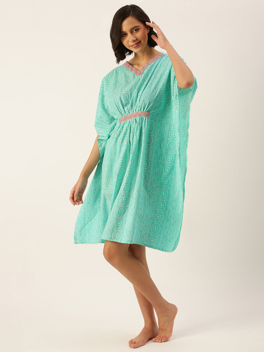 Sea Green Pure Cotton Bandhej Dot Printed Kaftan