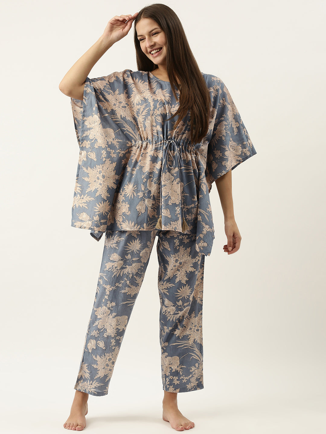 Powder Blue Cotton Printed Kaftan and Pajama Set