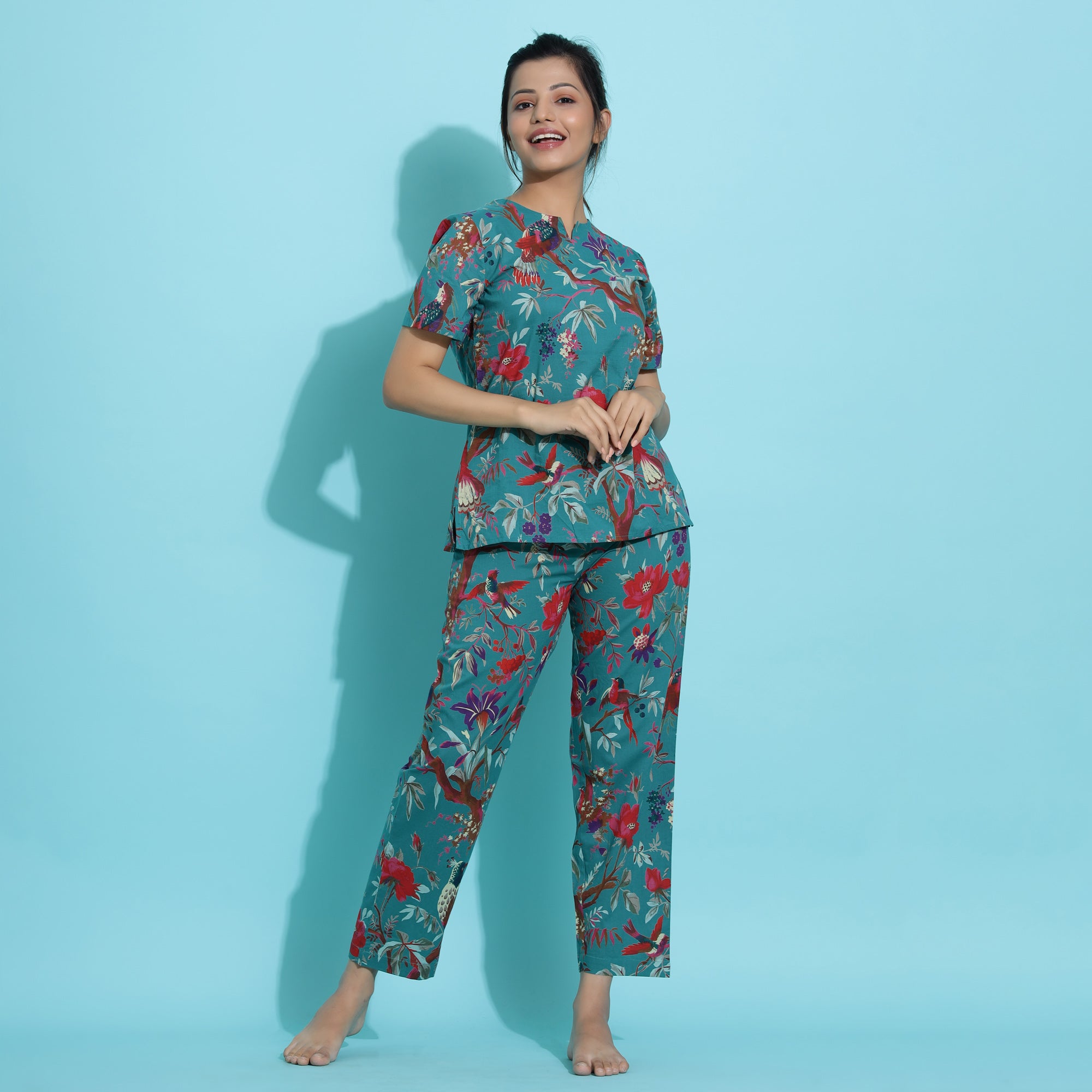 TEAL Green Cotton Printed Night Suit Set with Pajama