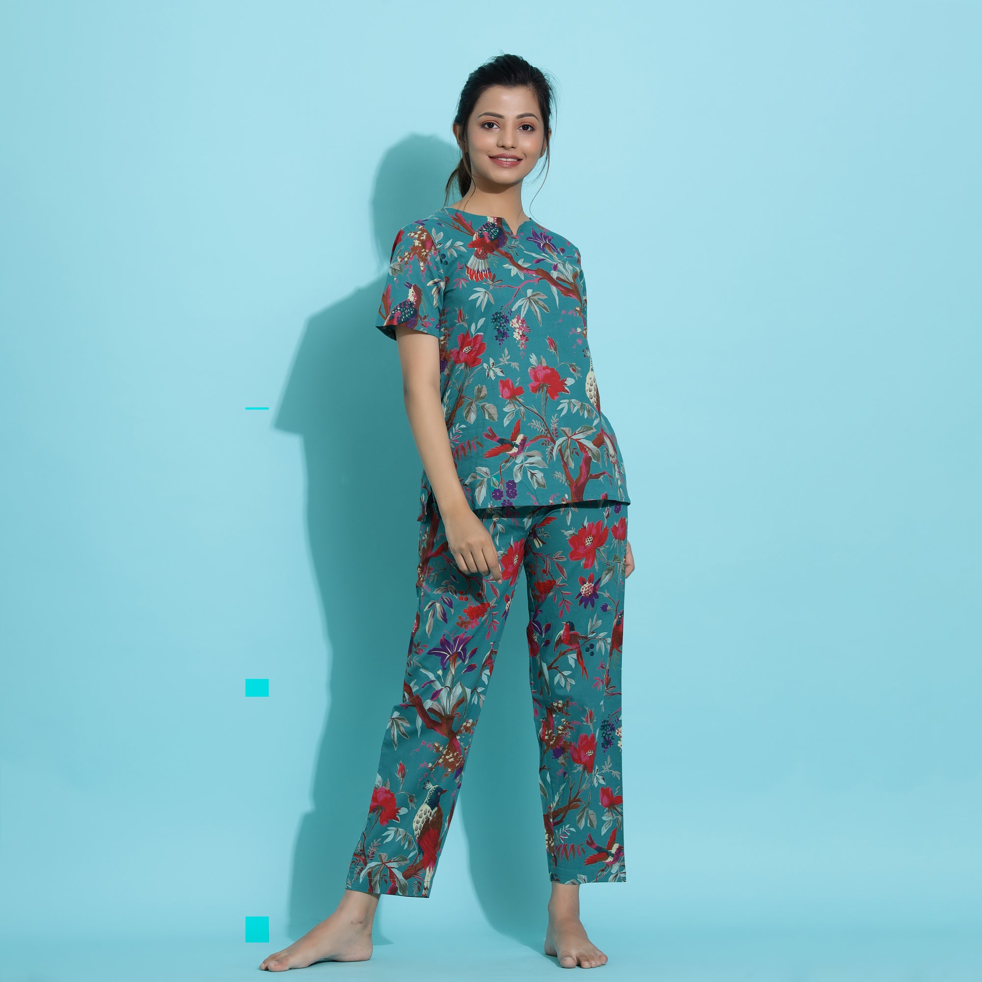 TEAL Green Cotton Printed Night Suit Set with Pajama