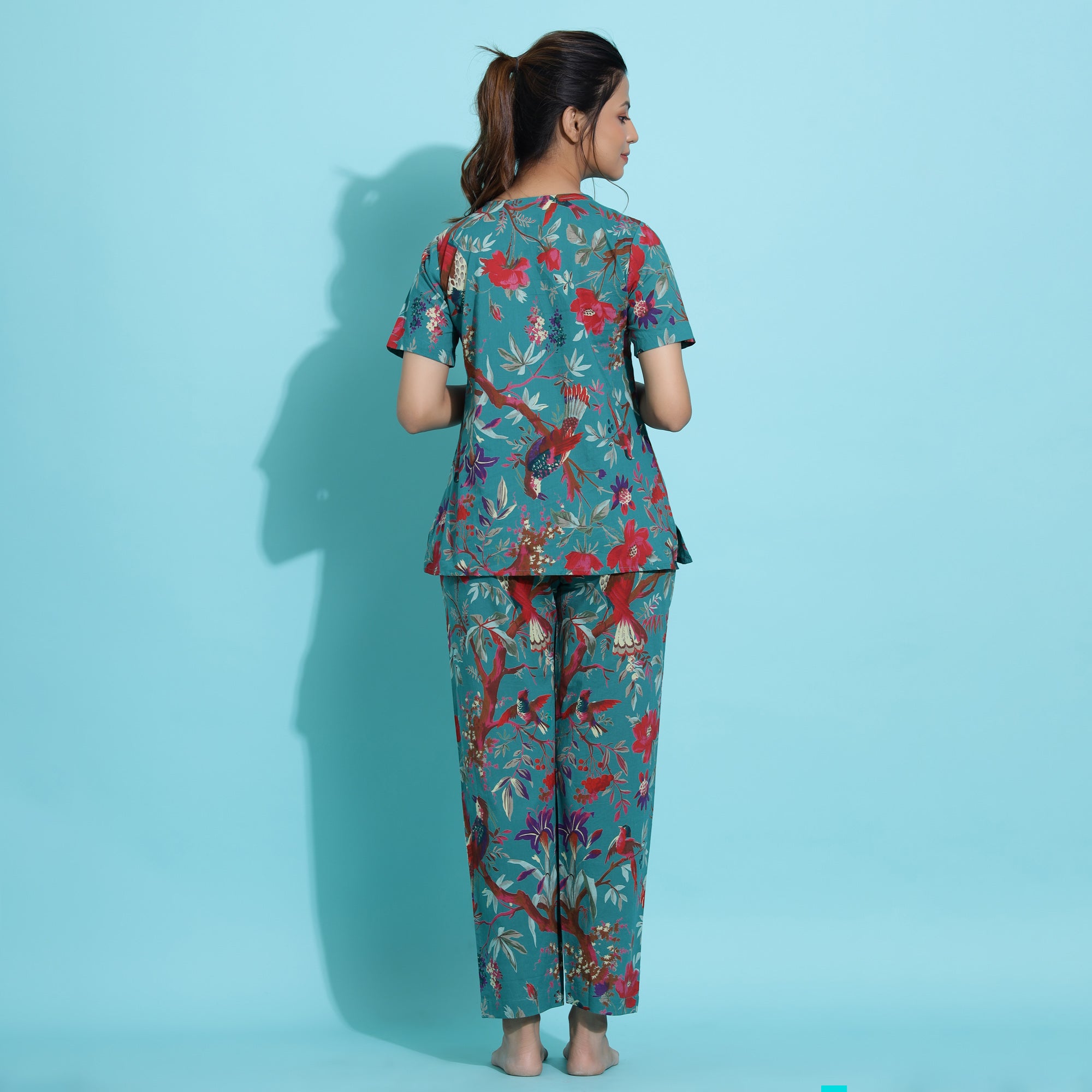 TEAL Green Cotton Printed Night Suit Set with Pajama