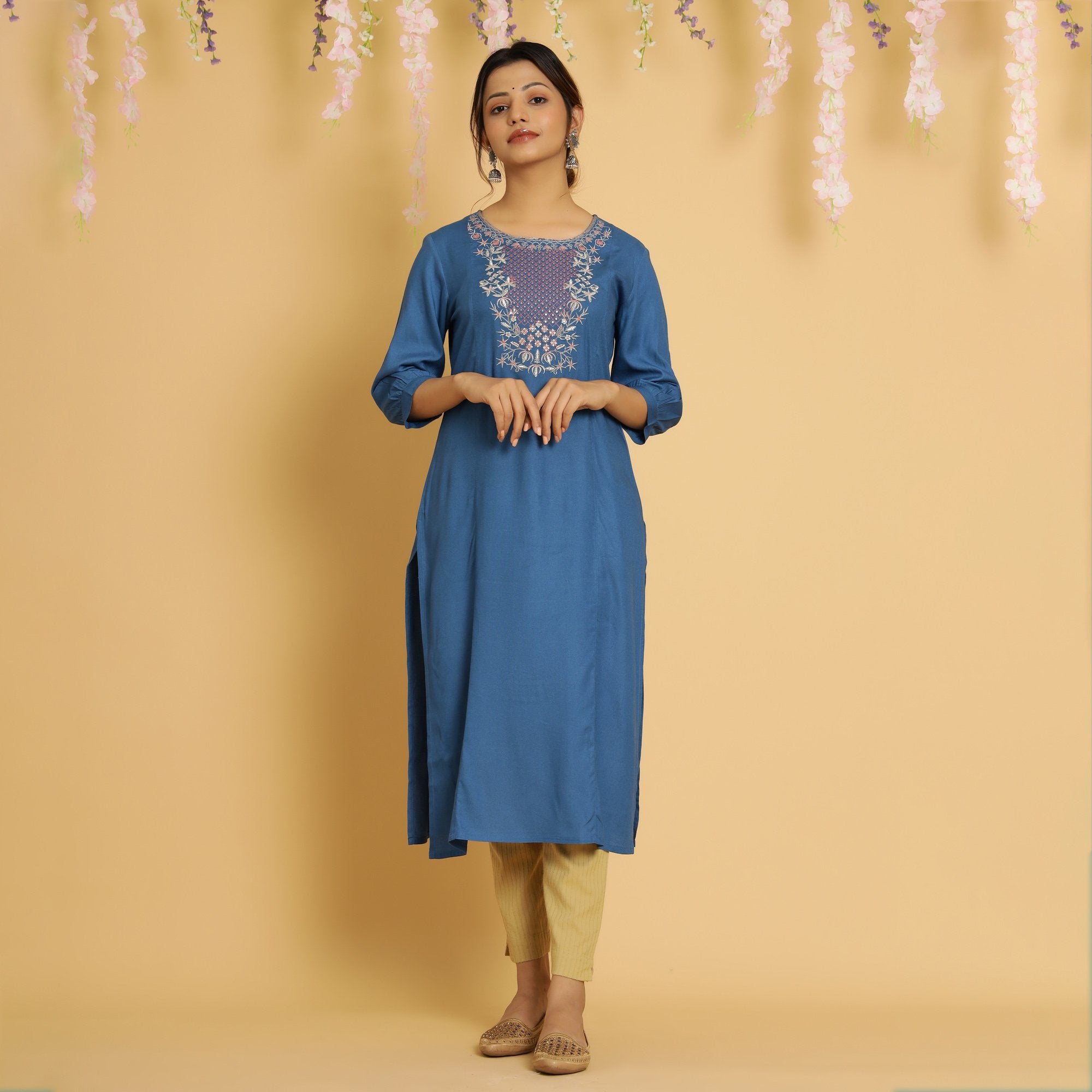 RangDeep Women Sapphire Embroidered Straight Kurti