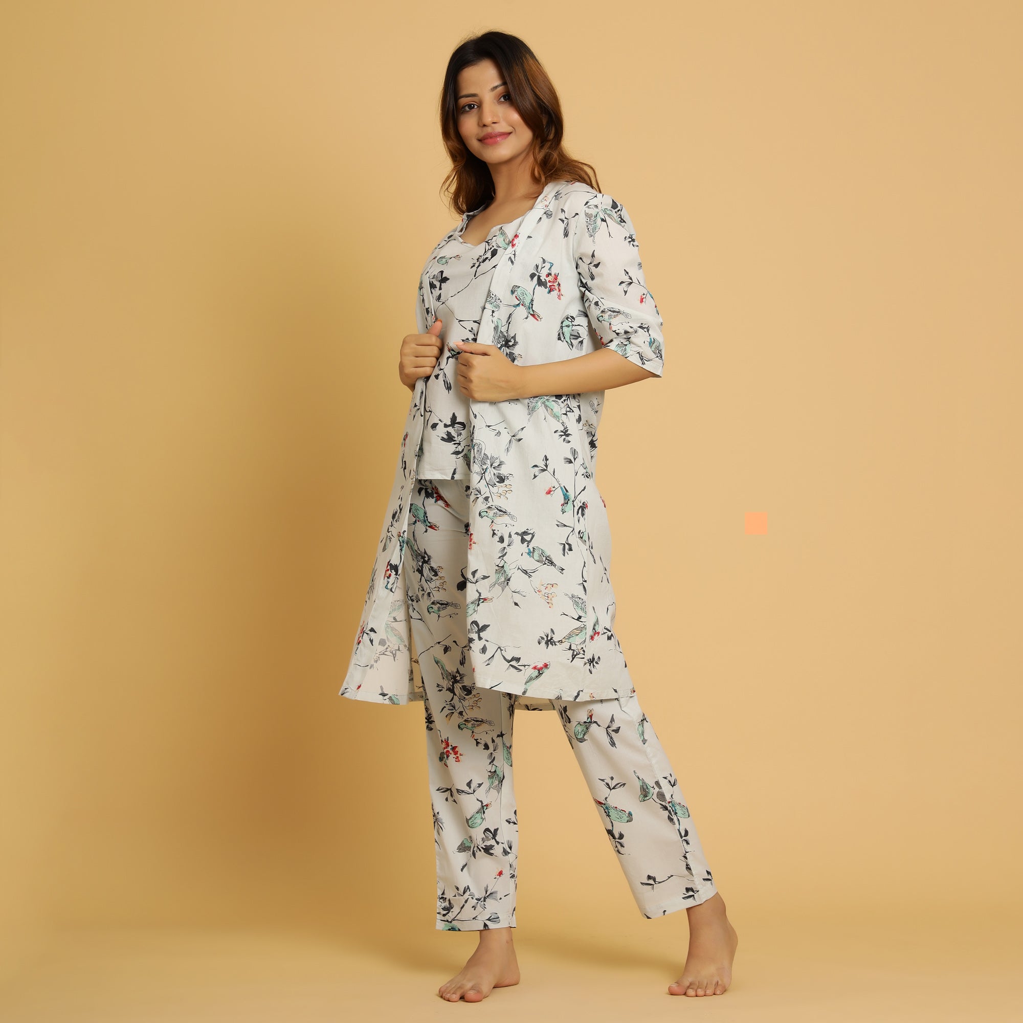 White Cotton Printed  3 PEICE Night Suit Set with Payjama